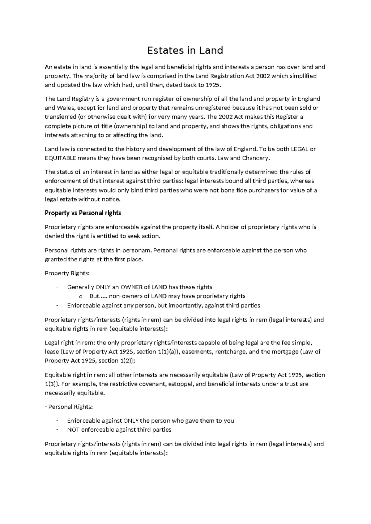 Estates in Land: Legal and Equitable Rights Overview (LPA 1925) - Studocu