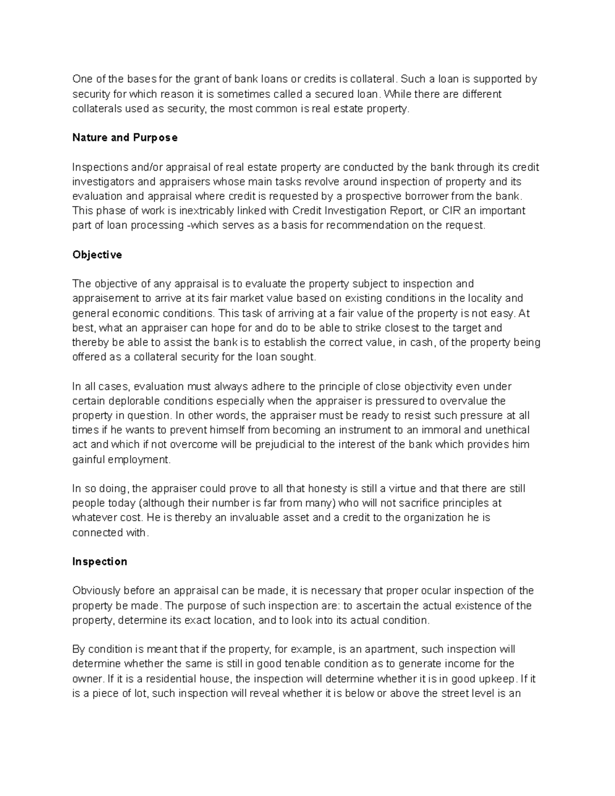 Appraisal and Inspection Notes for Secured Loans (Course Code: FIN-101 ...