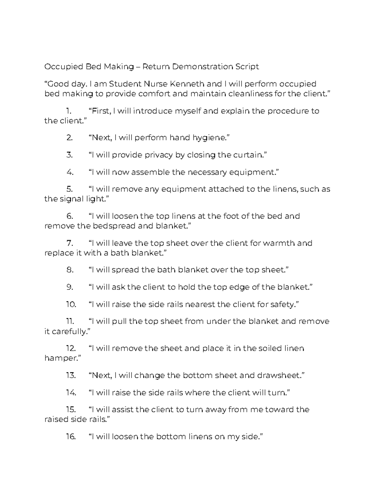 Occupied and Unoccupied Bed Making Demo Script - N/A - Studocu