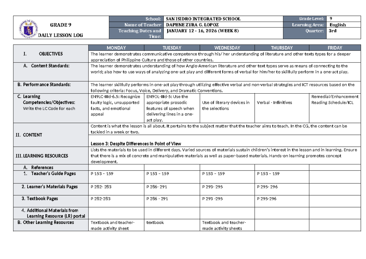 DLL English 9 Q3 W6: Daily Lesson Log and Objectives - Studocu