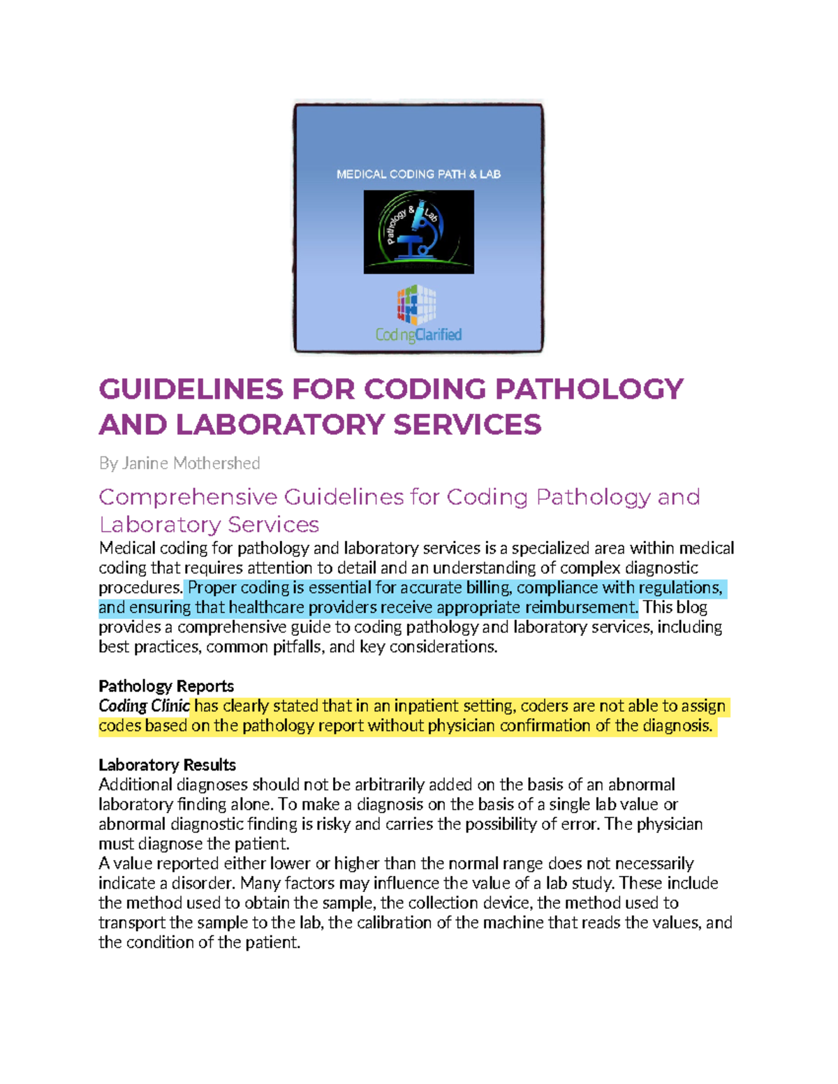 Comprehensive Guidelines for Coding Pathology & Lab Services - Studocu