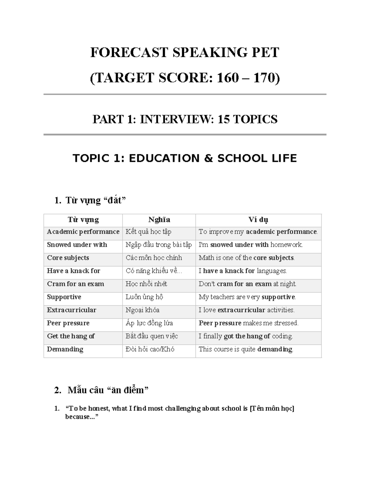 Forecast Speaking PET (Target Score: 160-170) - Interview Topics ...