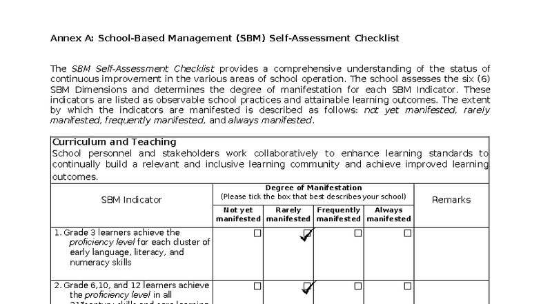 Annex A: SBM Management Checklist for Continuous Improvement Evaluation ...
