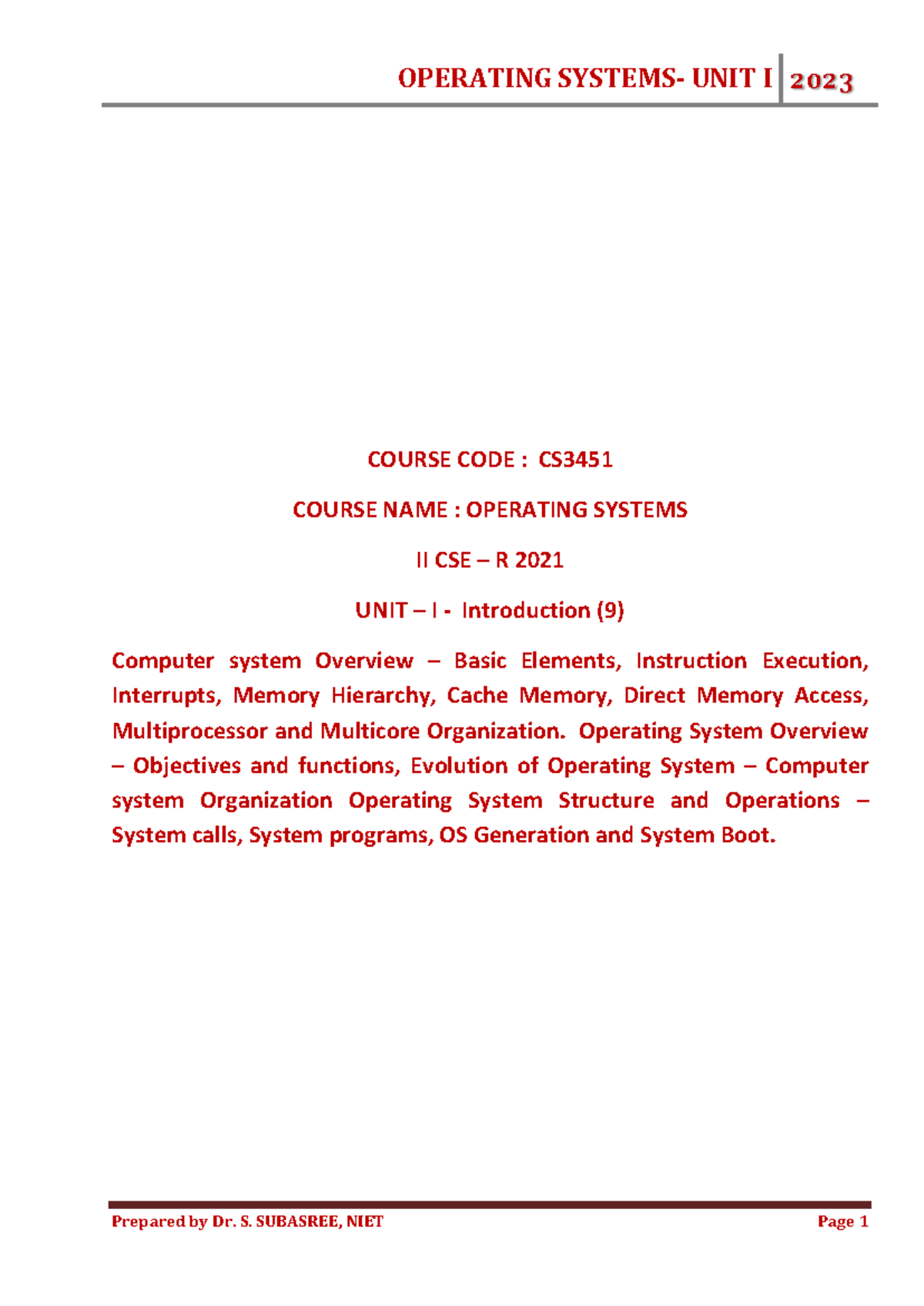 UNIT-I - COURSE CODE : CS COURSE NAME : OPERATING SYSTEMS II CSE – R ...