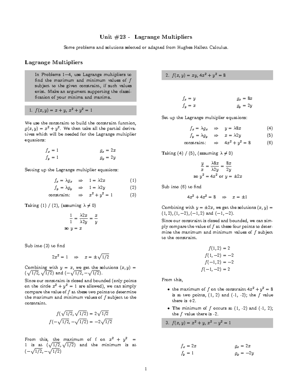 Lagrange Multipliers: Problems & Solutions from Calculus (Unit L) - Studocu