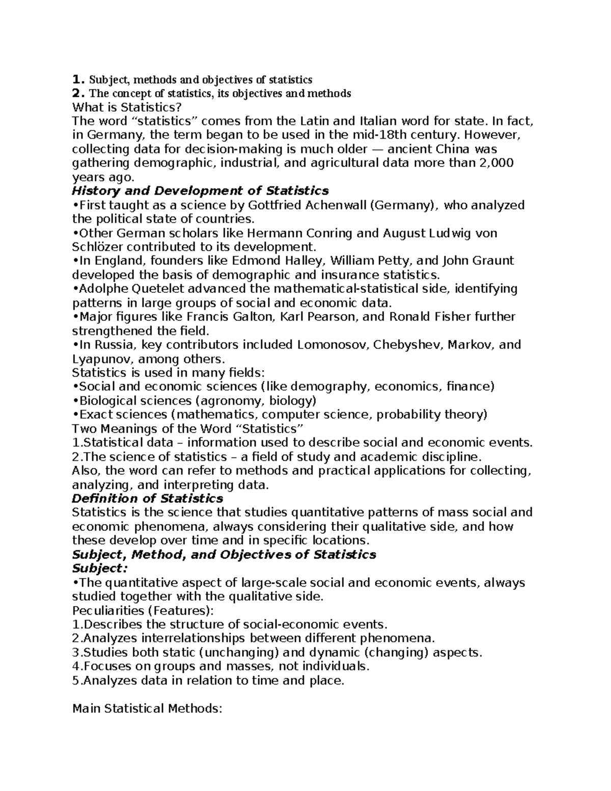 Statistics: Concepts, Methods, and Objectives Overview (Course Code ...