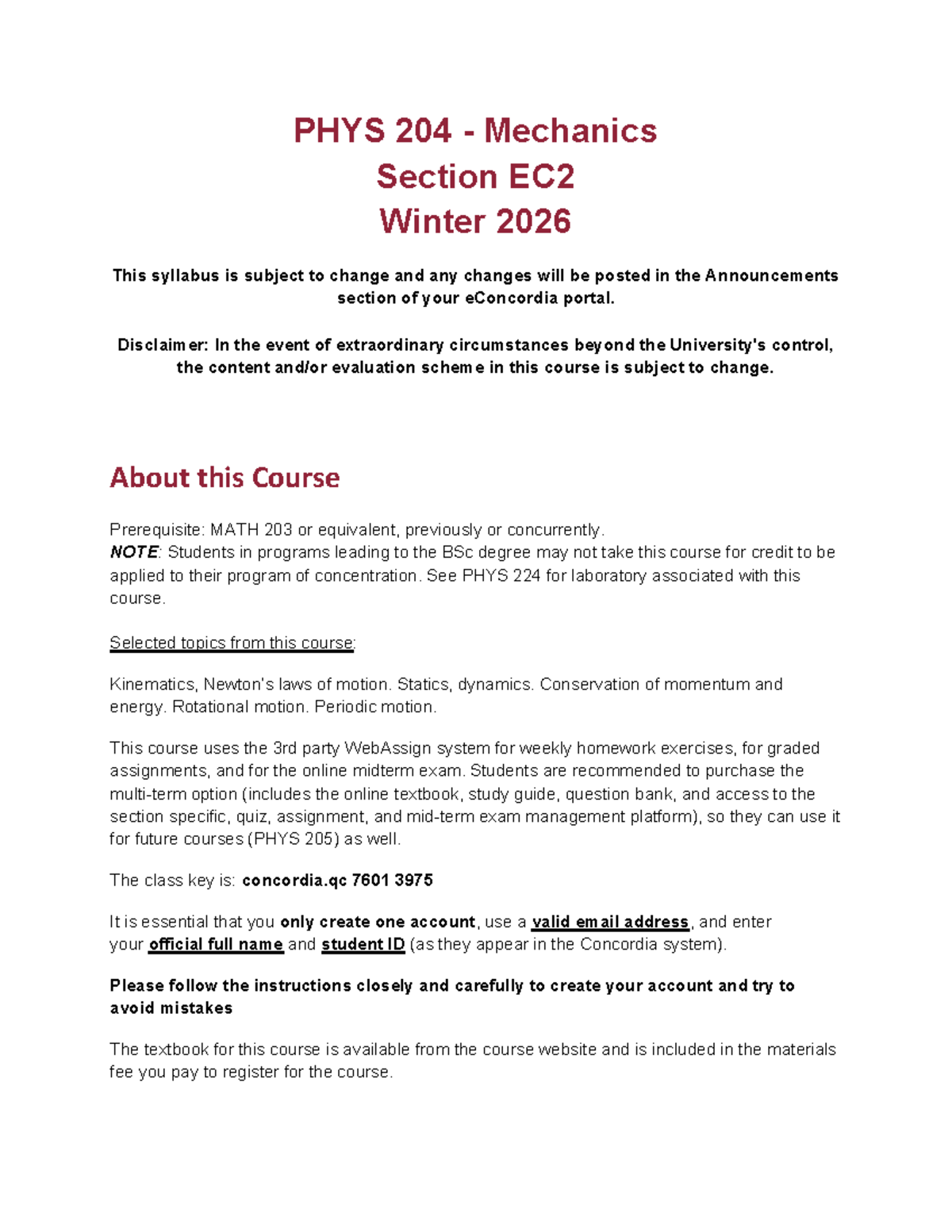 PHYS 204 Mechanics EC2 Course Outline Winter 2026 - Studocu