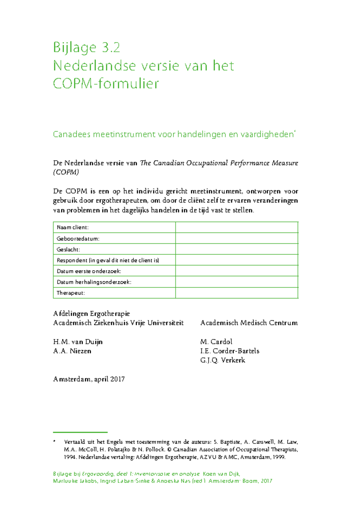 COPM - Onderzoeksdocument en Instrument voor Ergotherapie - Studeersnel