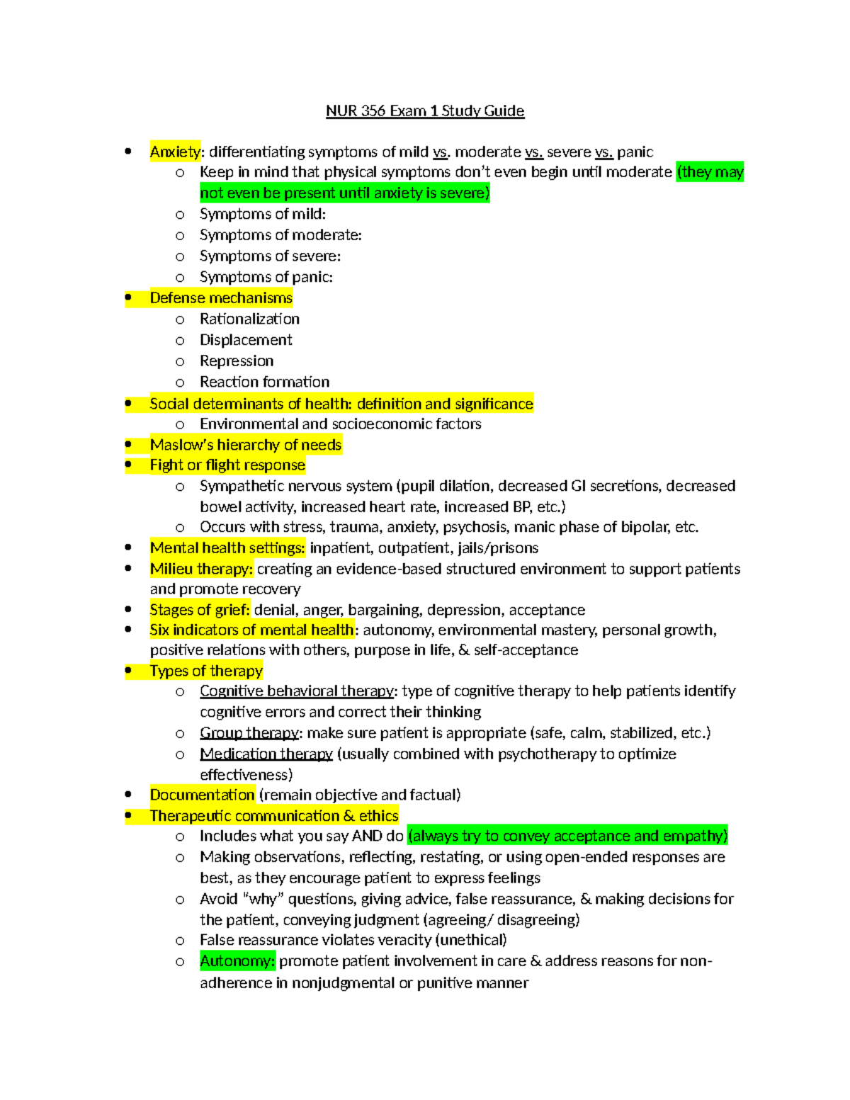 NUR 356 Exam 1 Study Guide: Understanding Anxiety and Mental Health ...