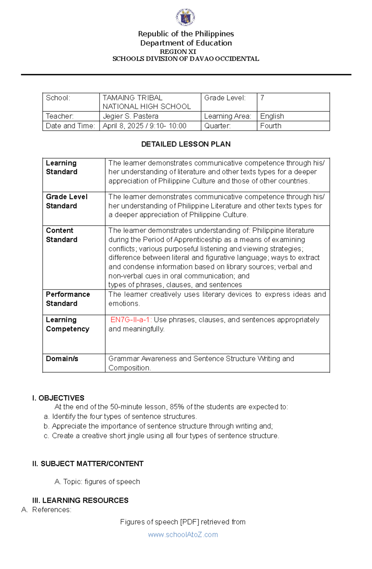 Corrected DLP: Figures of Speech for Grade 7 English - Studocu