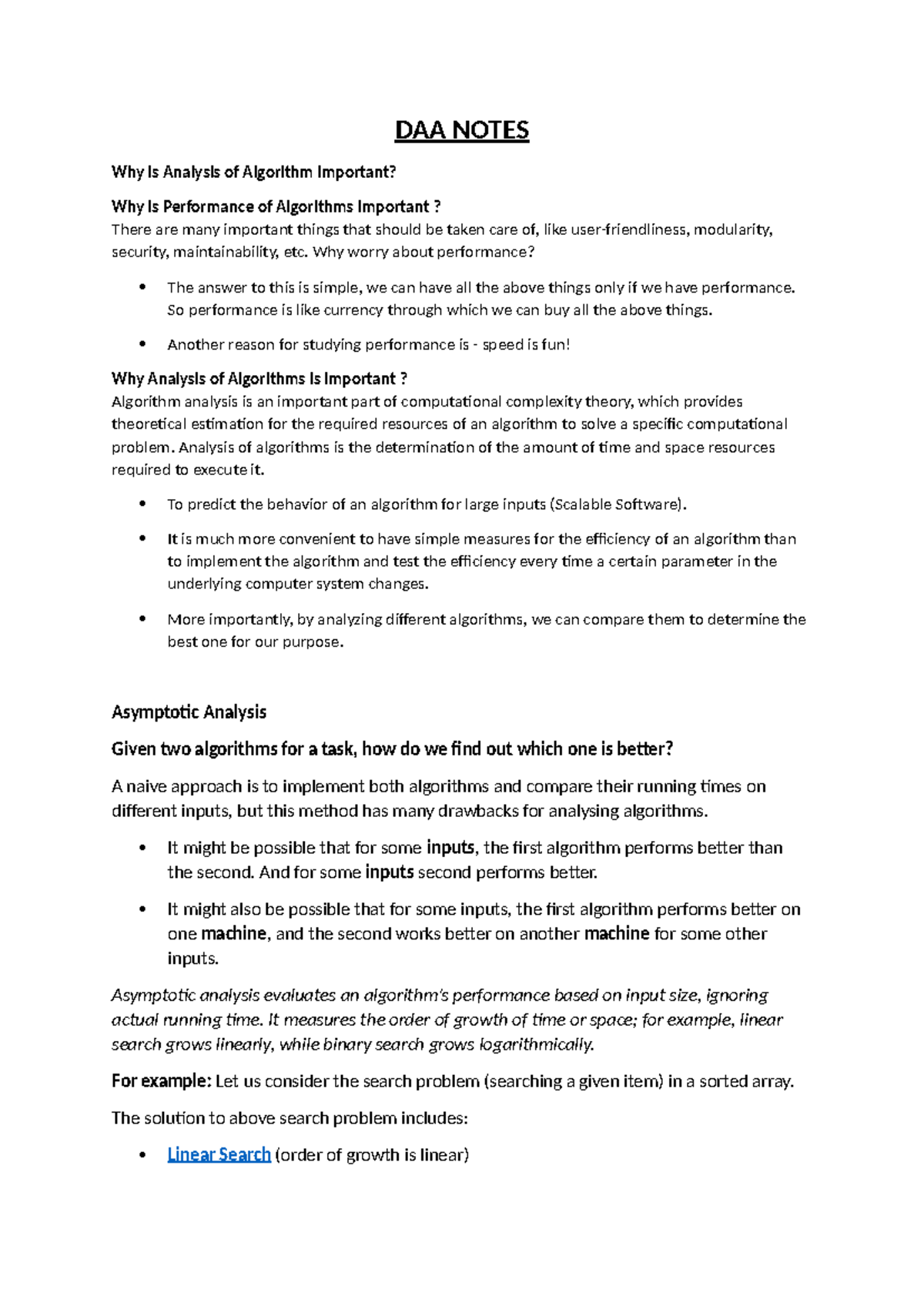 DAA Notes: Importance of Algorithm Analysis and Performance - Studocu