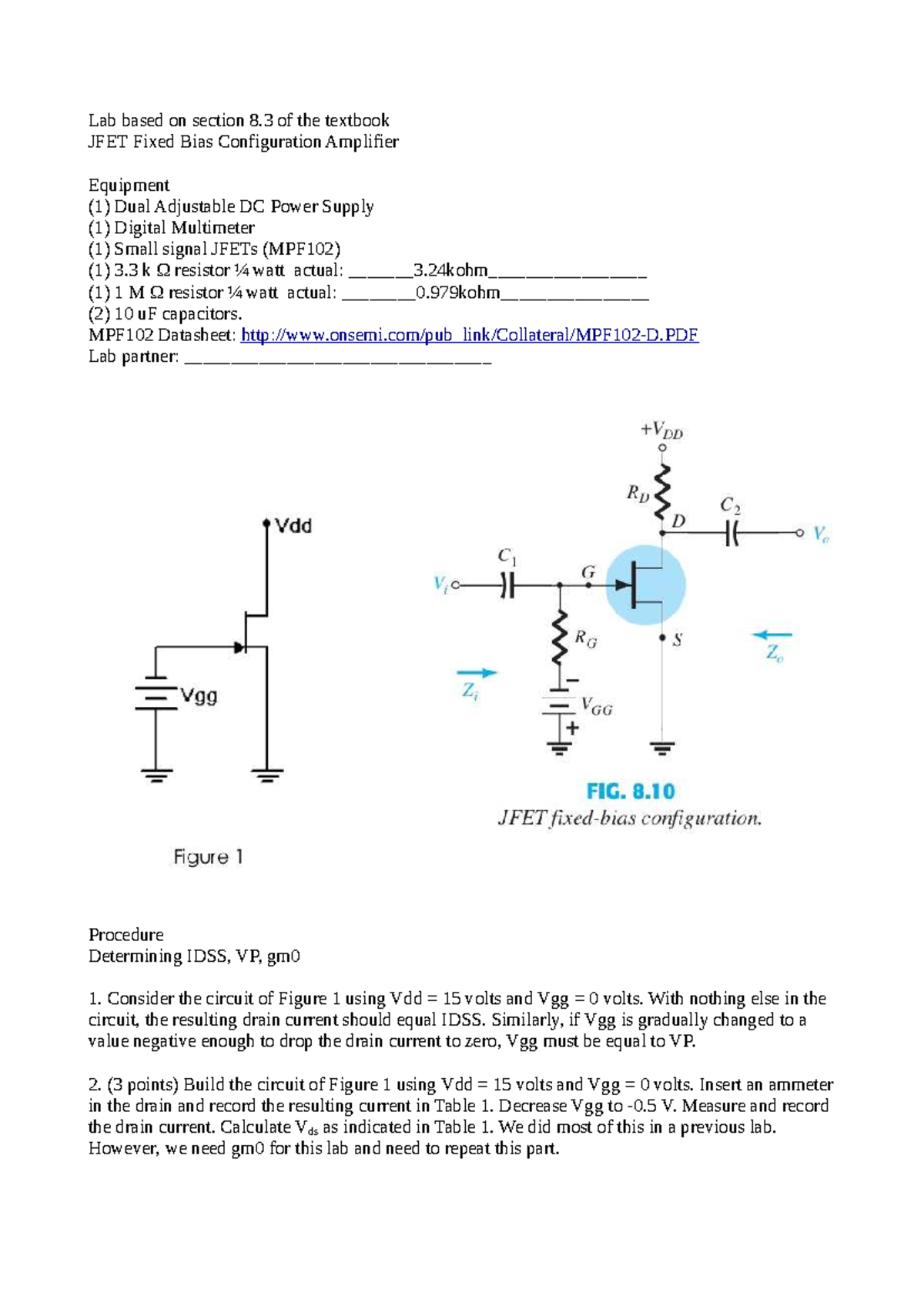 Lab 8.3: JFET Fixed Bias Configuration Amplifier Experiment - Studocu