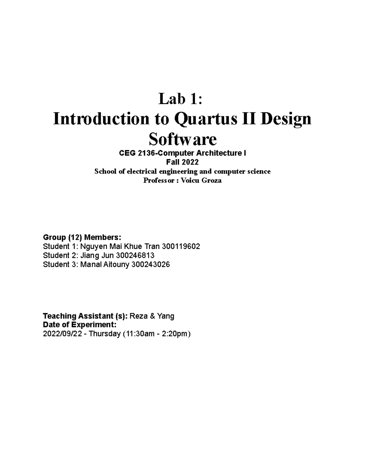 CEG 2136 Lab 1 Report: Introduction to Quartus II Design and Simulation ...