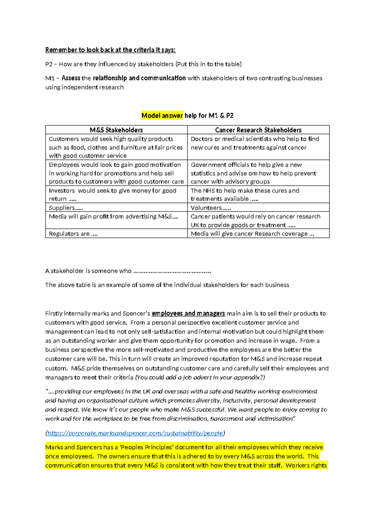 Model answer P2 and M1a - Remember to look back at the criteria it says ...