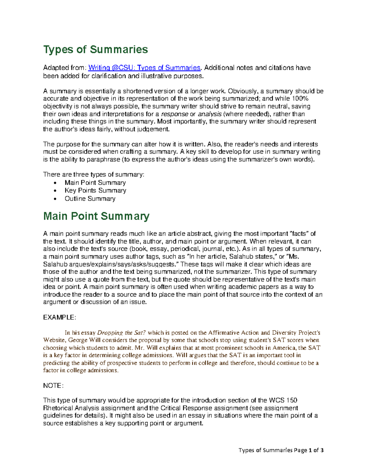WCS 150 - Types of Summaries in Technical & Professional Writing - Studocu