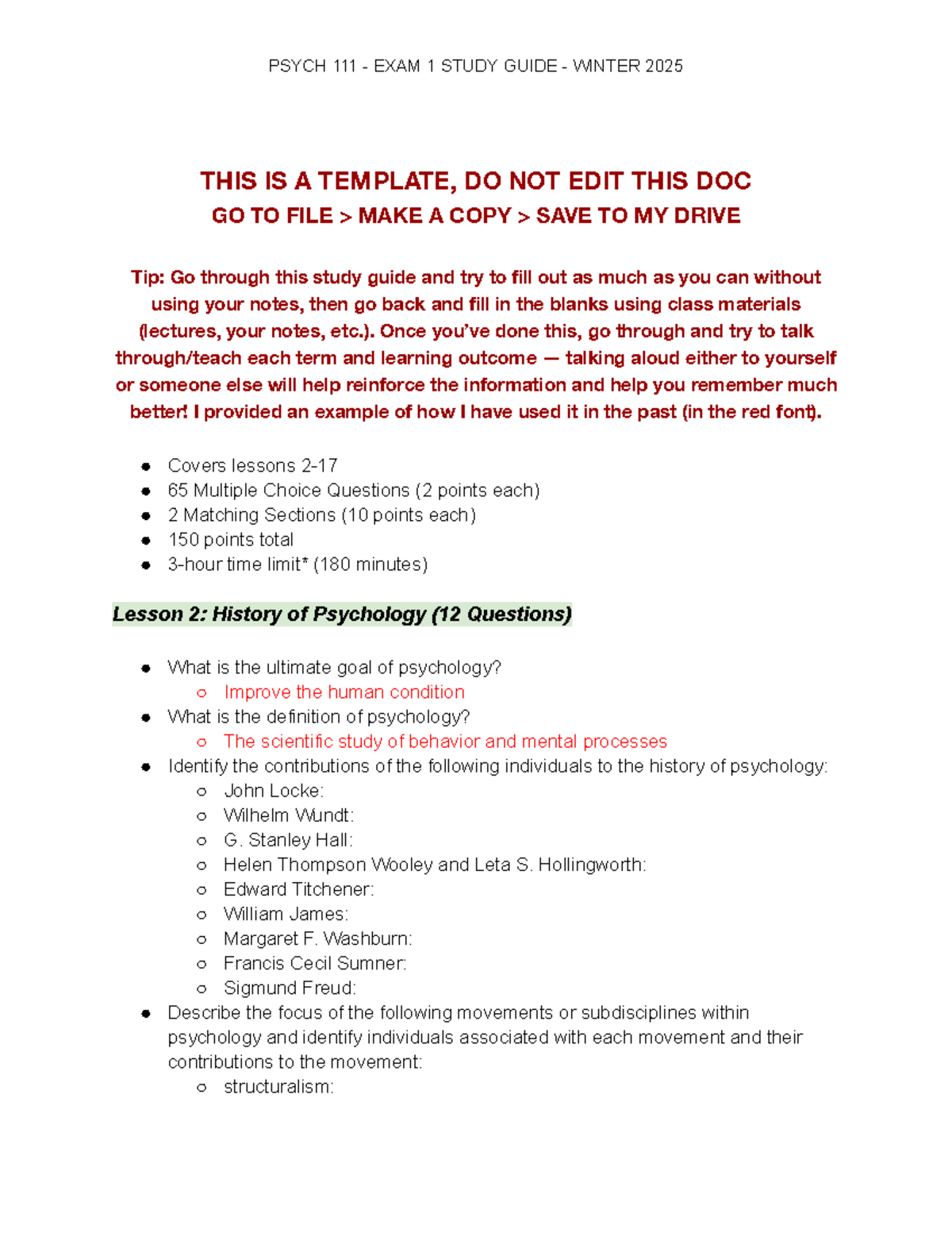 PSYCH 111 - WINTER 2025 EXAM 1 STUDY GUIDE & REVIEW TIPS - Studocu