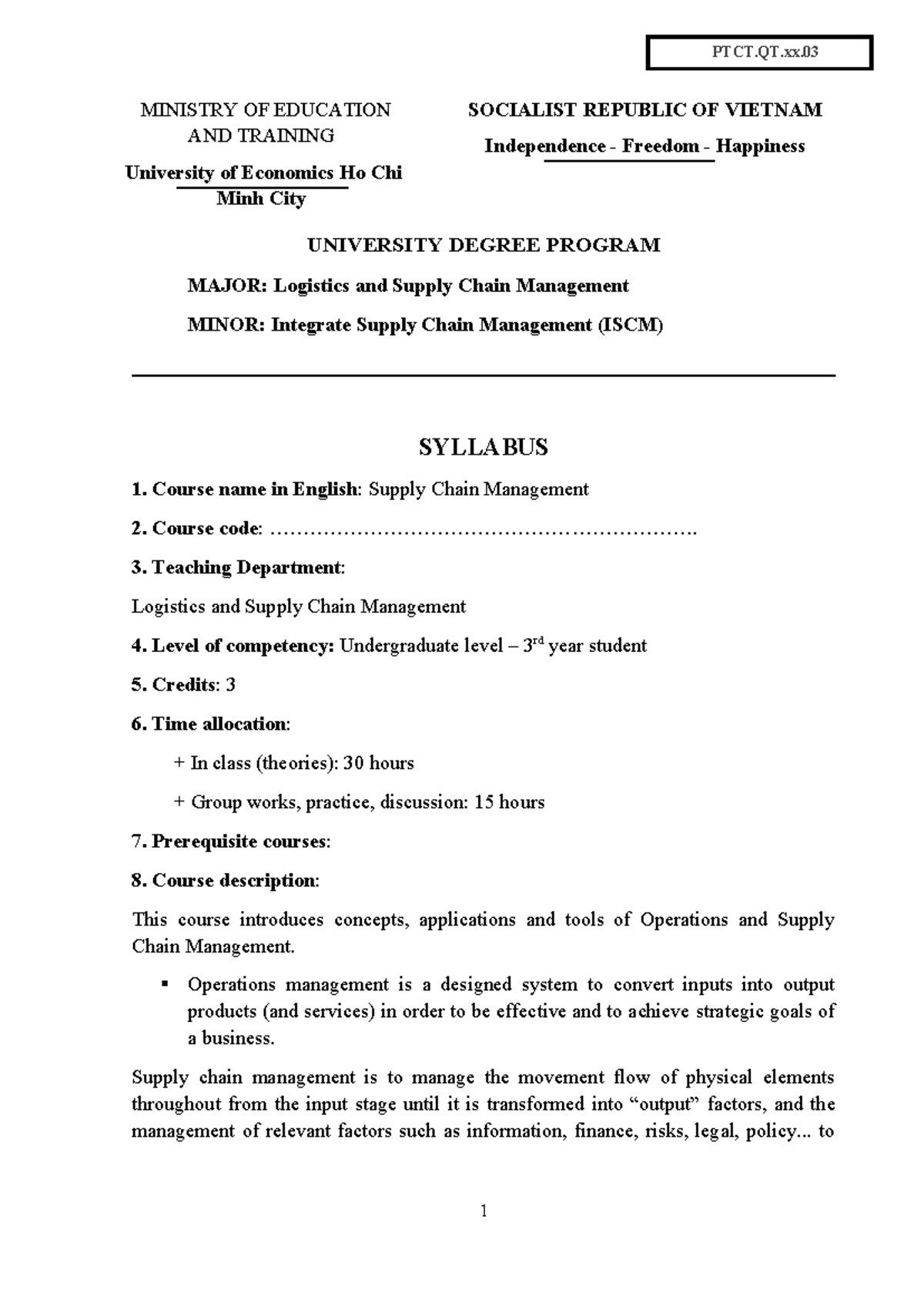 Syllabus for Supply Chain Management (SCM) PTCT.QT.xx.03 - 2024 - Studocu
