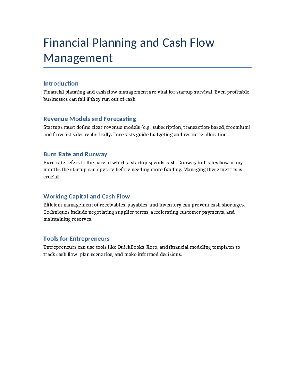 Financial Planning & Cash Flow Management: A Startup Guide - Studocu