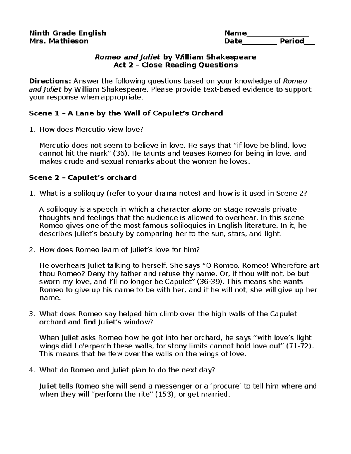 Act 2 Close Reading Questions - Key - Ninth Grade English Name ...
