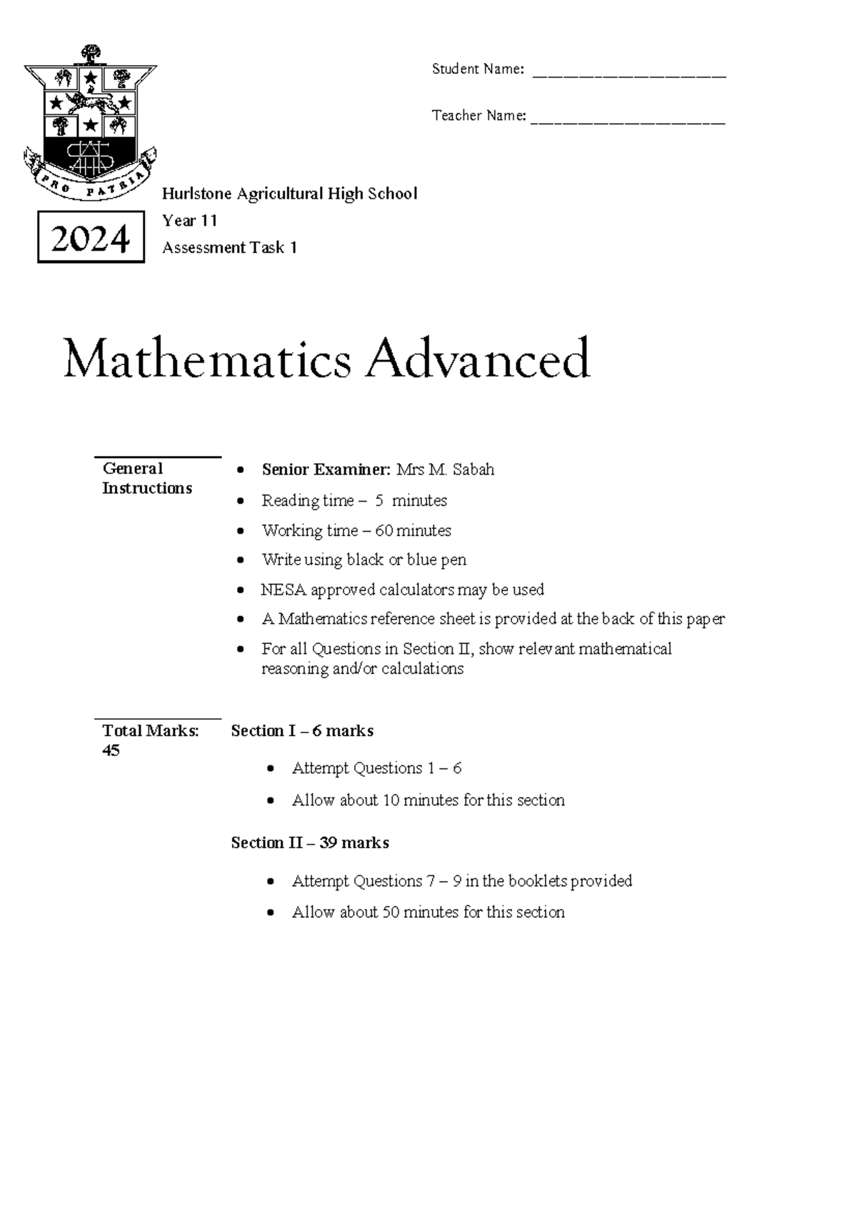 2024 Hurlstone Year 11 Mathematics Advanced Assessment Task 1 Solutions ...