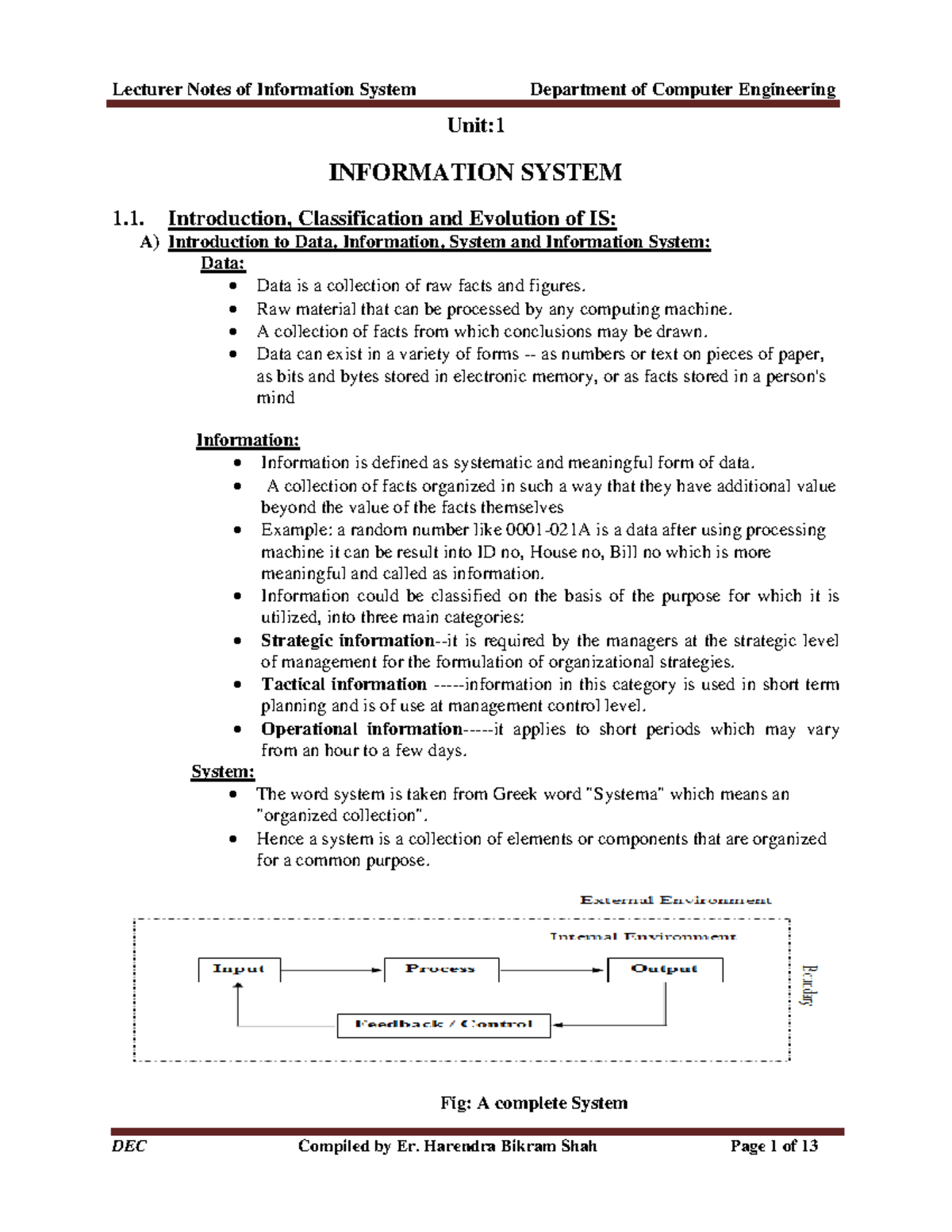Unit 1 Infromation System - Unit: INFORMATION SYSTEM 1. Introduction ...