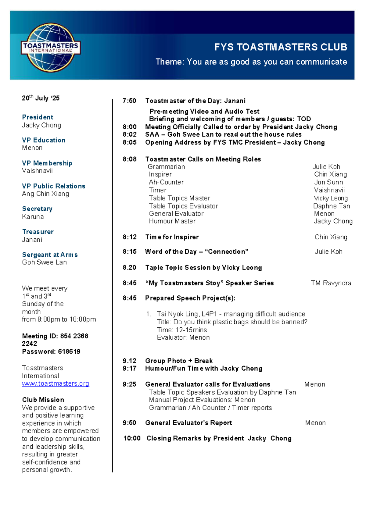 FYS TOASTMASTERS CLUB Meeting Minutes - 20th July - Studocu