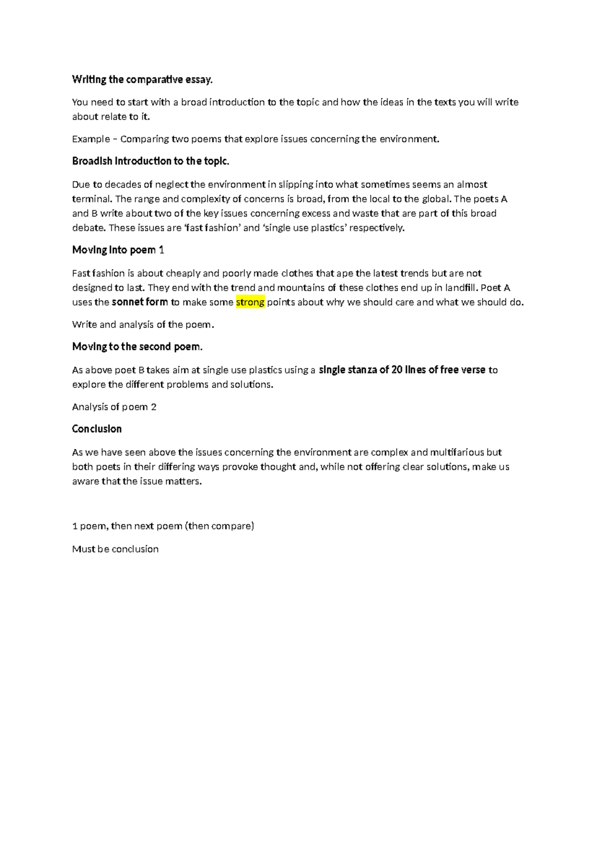 Comparative Essay Structure: Analyzing Environmental Poetry - Studocu