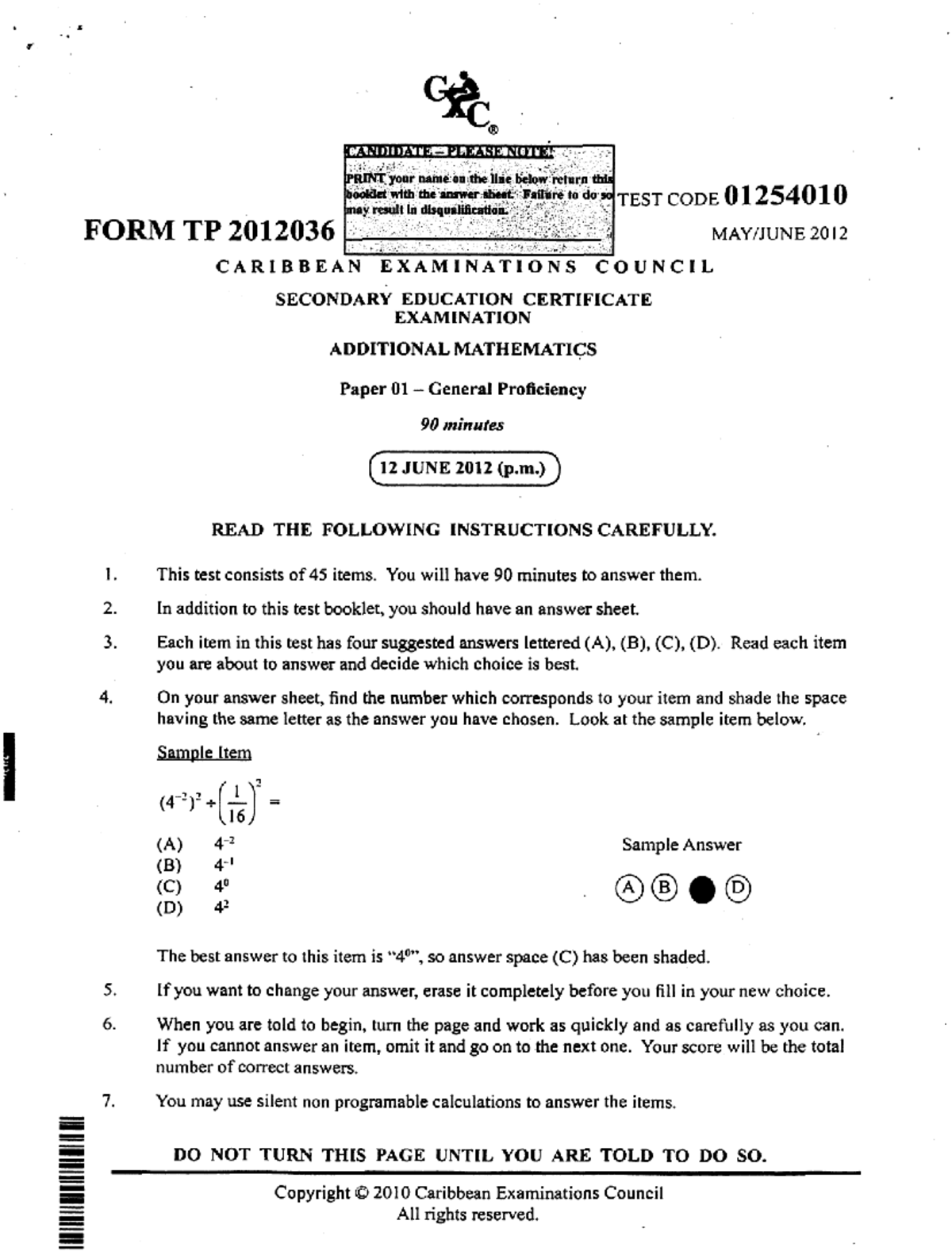 May/June 2012 CSEC Additional Mathematics Paper 01 - Test Code 01254010 ...