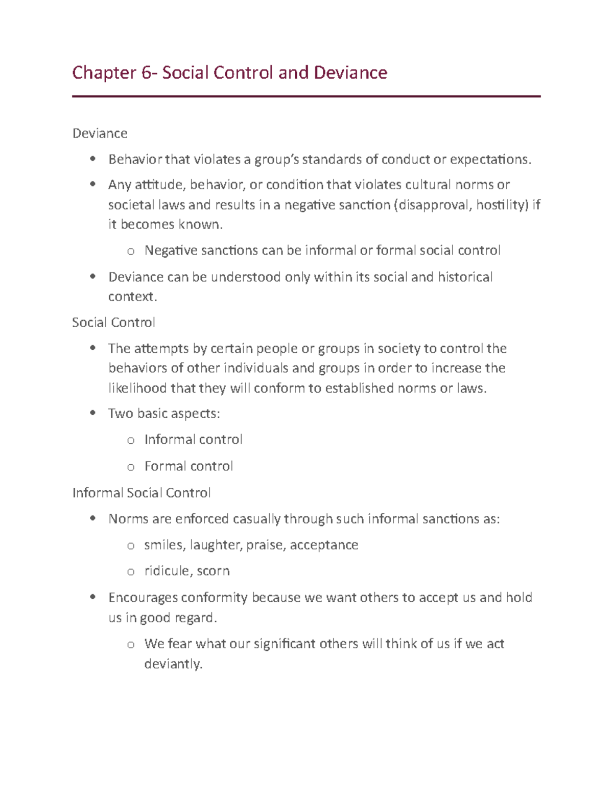 Chapter 6- Deviance and Social control - Chapter 6- Social Control and ...