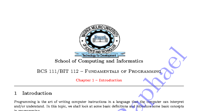 BCS 112 Fundamentals of Programming: Chapter 1 Introduction Notes - Studocu