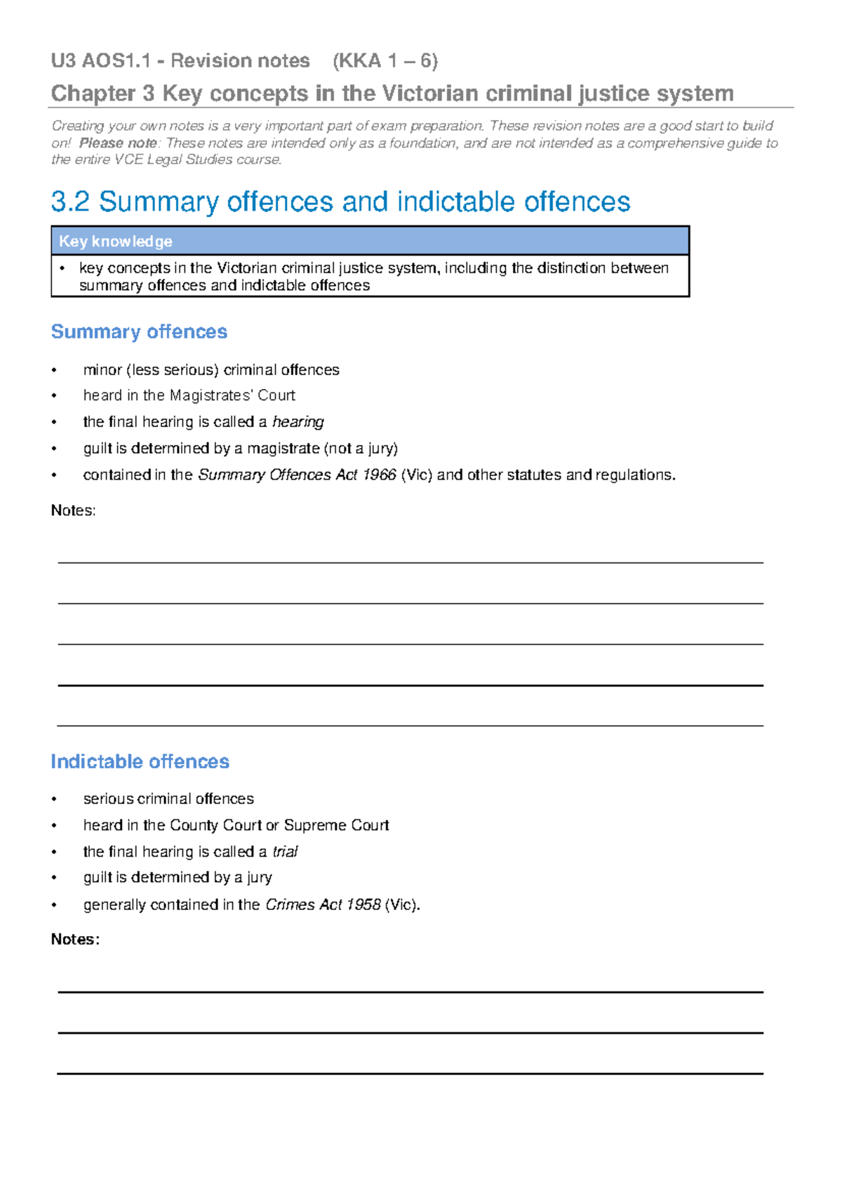 U3 AOS1 Revision Notes: Key Concepts in Victorian Criminal Justice ...