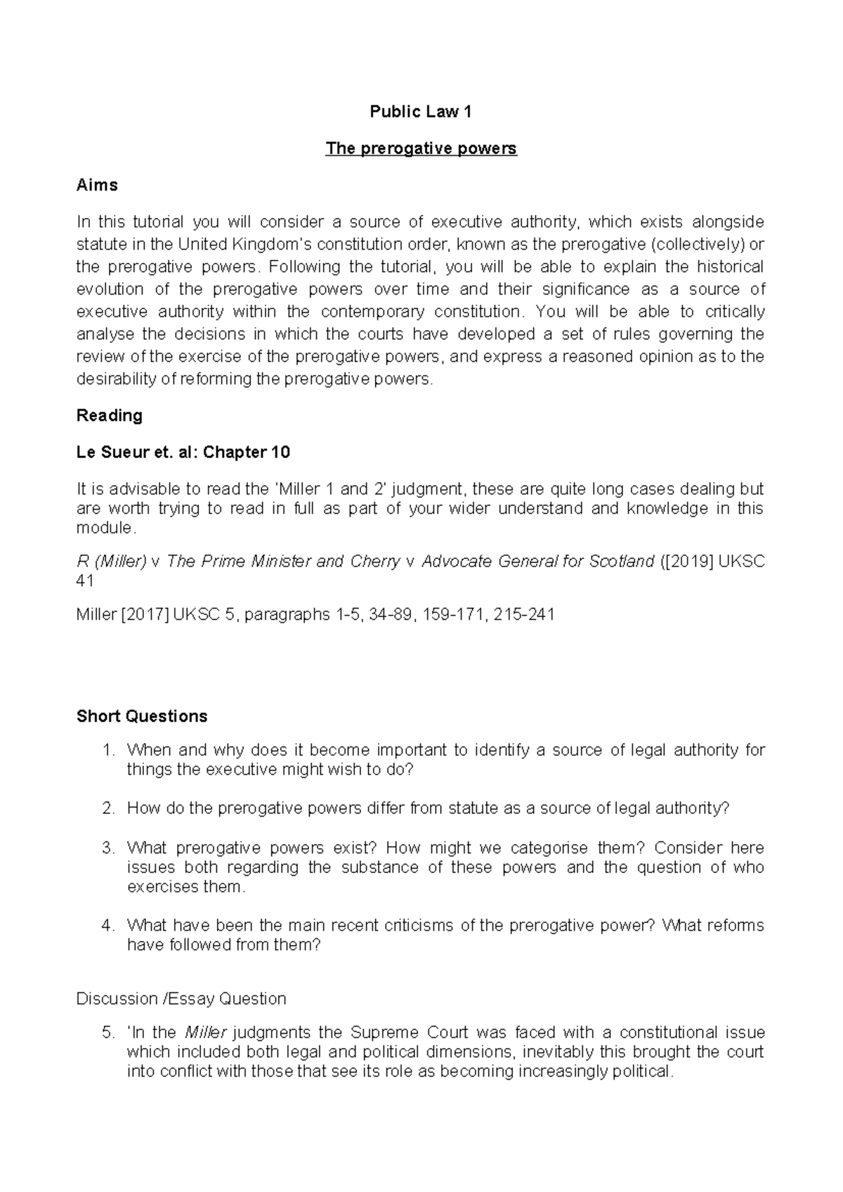 Tutorial 4 - yes - Public Law 1 The prerogative powers Aims In this ...