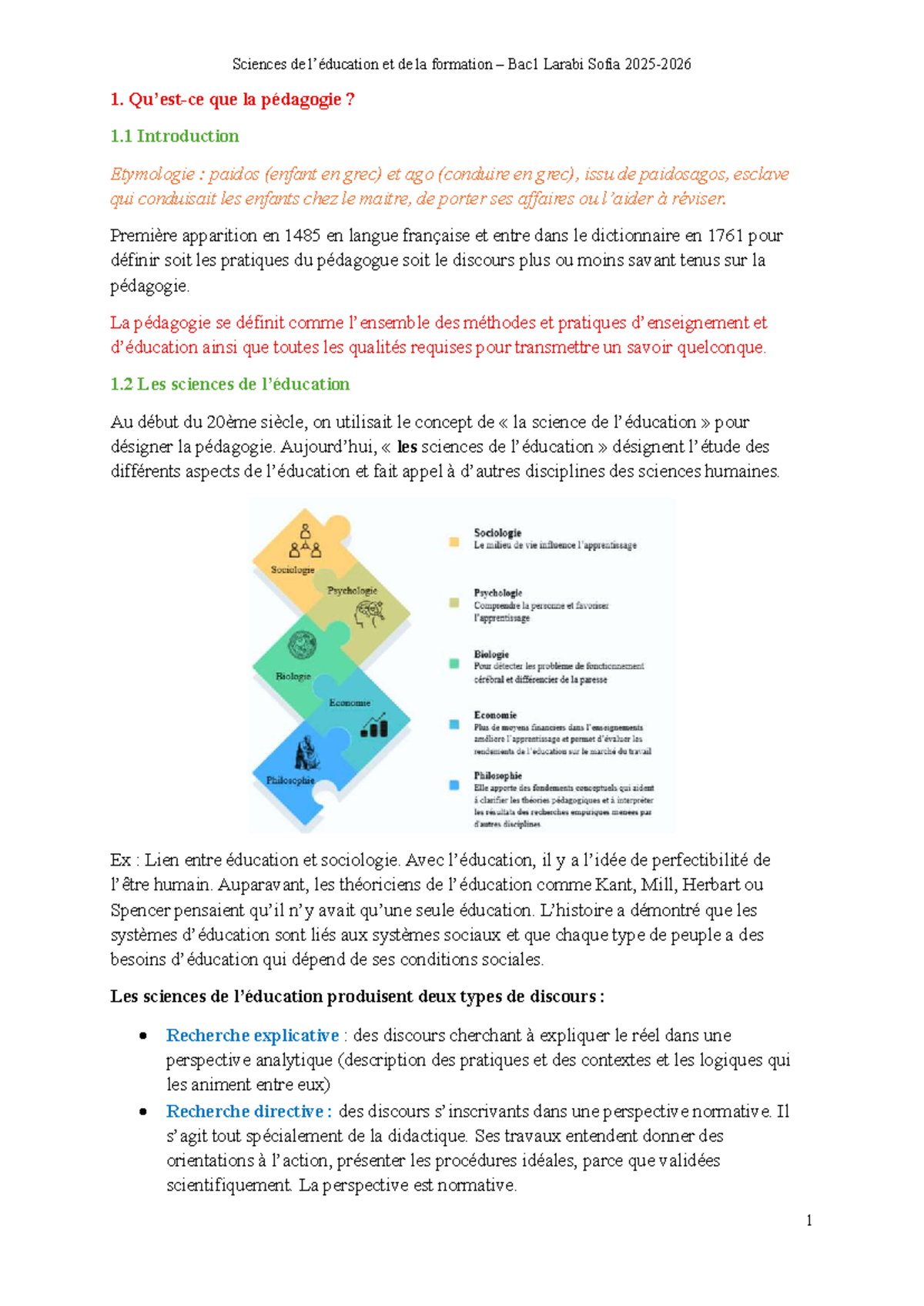 Sciences de et de la formation Bac1 - Chapitres 1 à 5: Pédagogie et ...