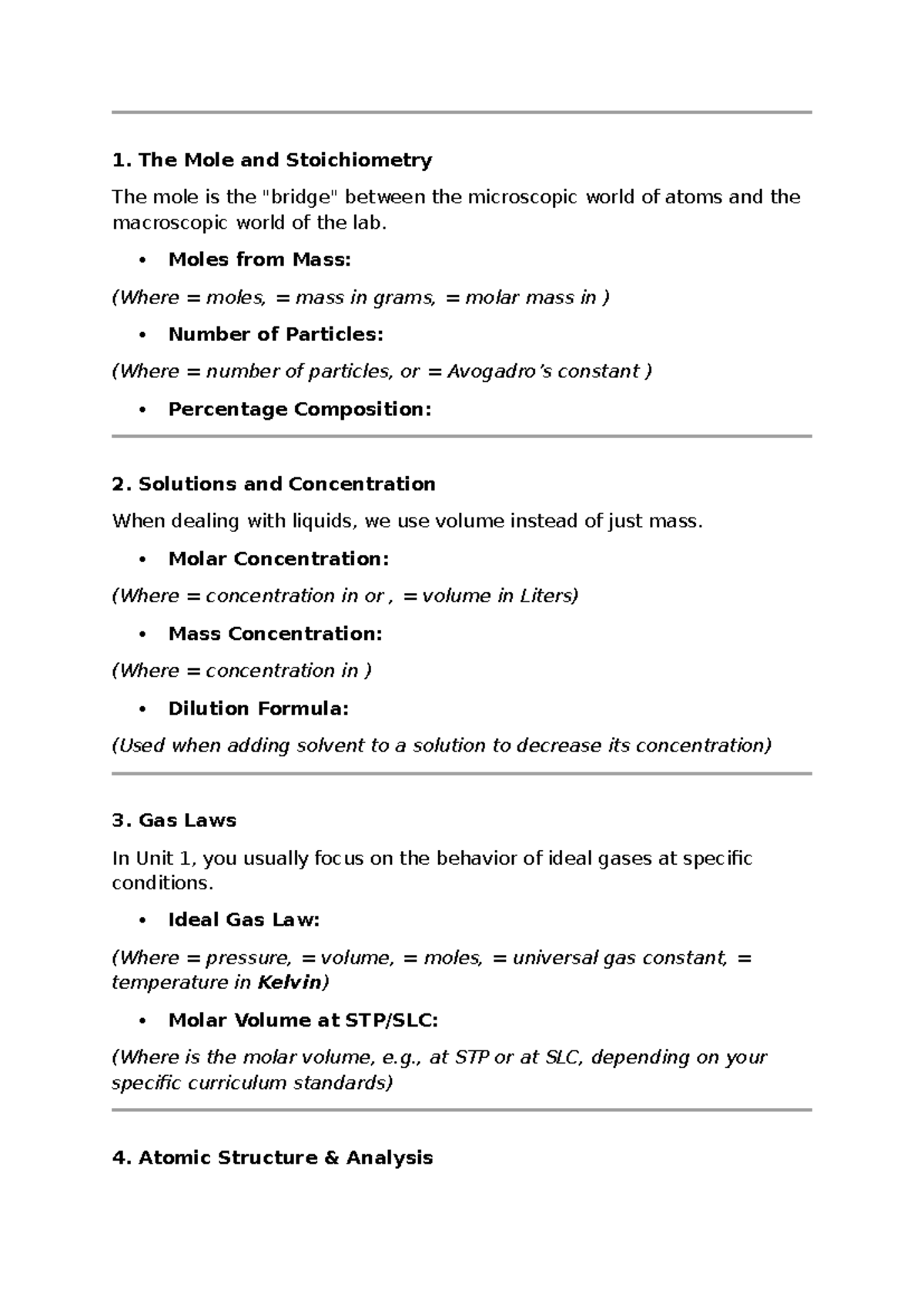 Chemistry Key Formulas: Mole, Stoichiometry & Gas Laws - Studocu