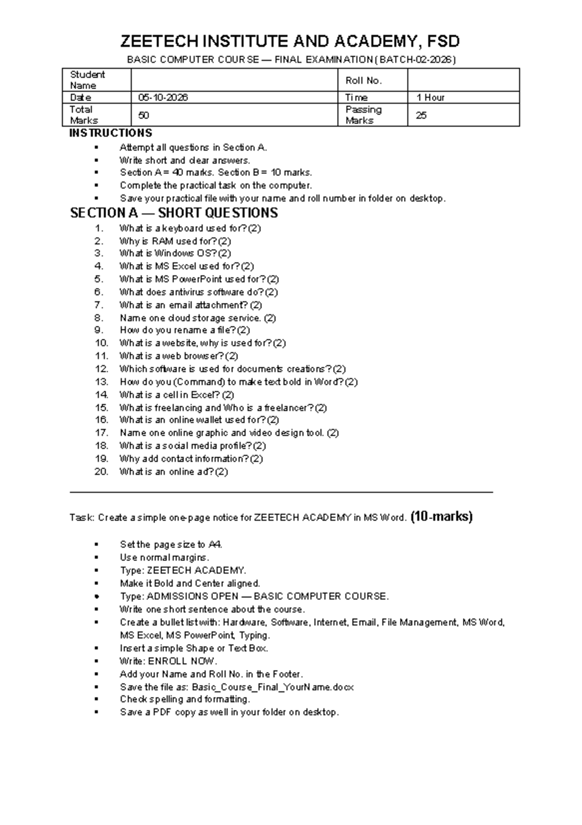 Zeetech Institute FSD Basic Computer Course Final Exam 100 Marks - Studocu