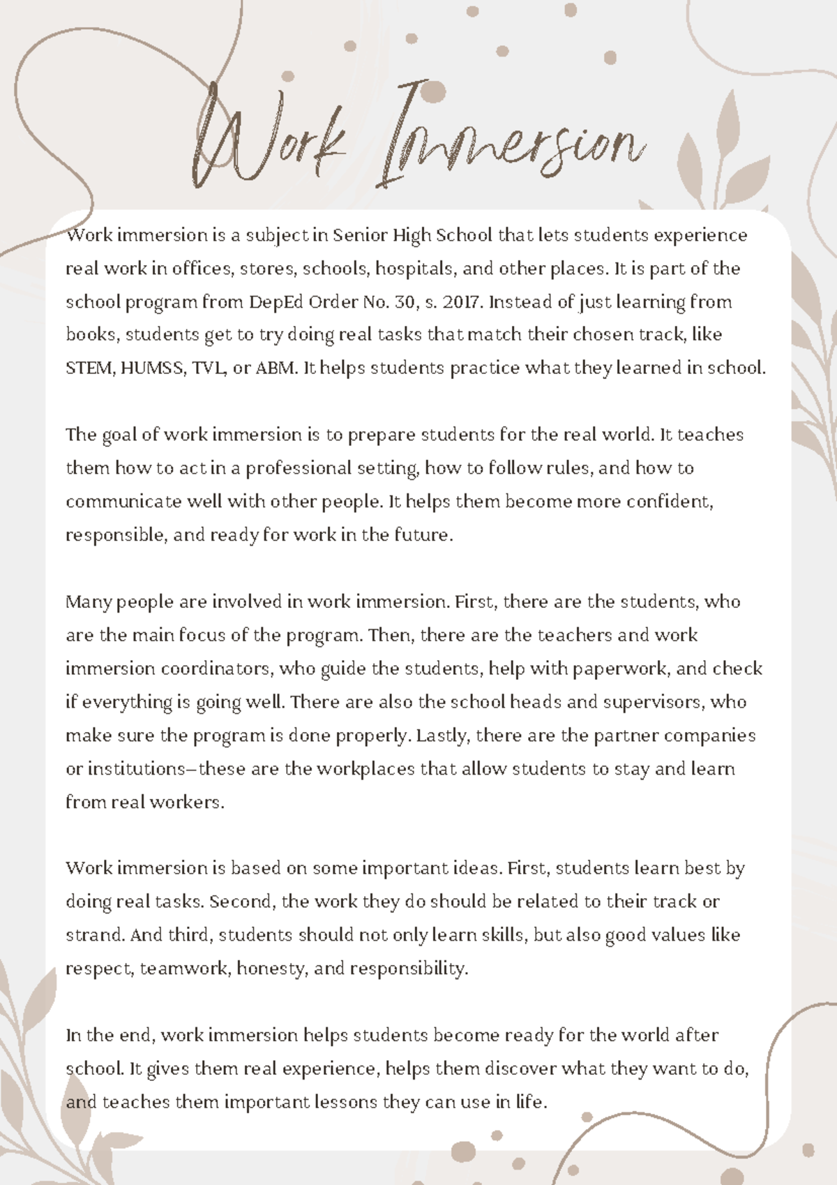 SHS Work Immersion: Preparing Students for Real-World Experience - Studocu