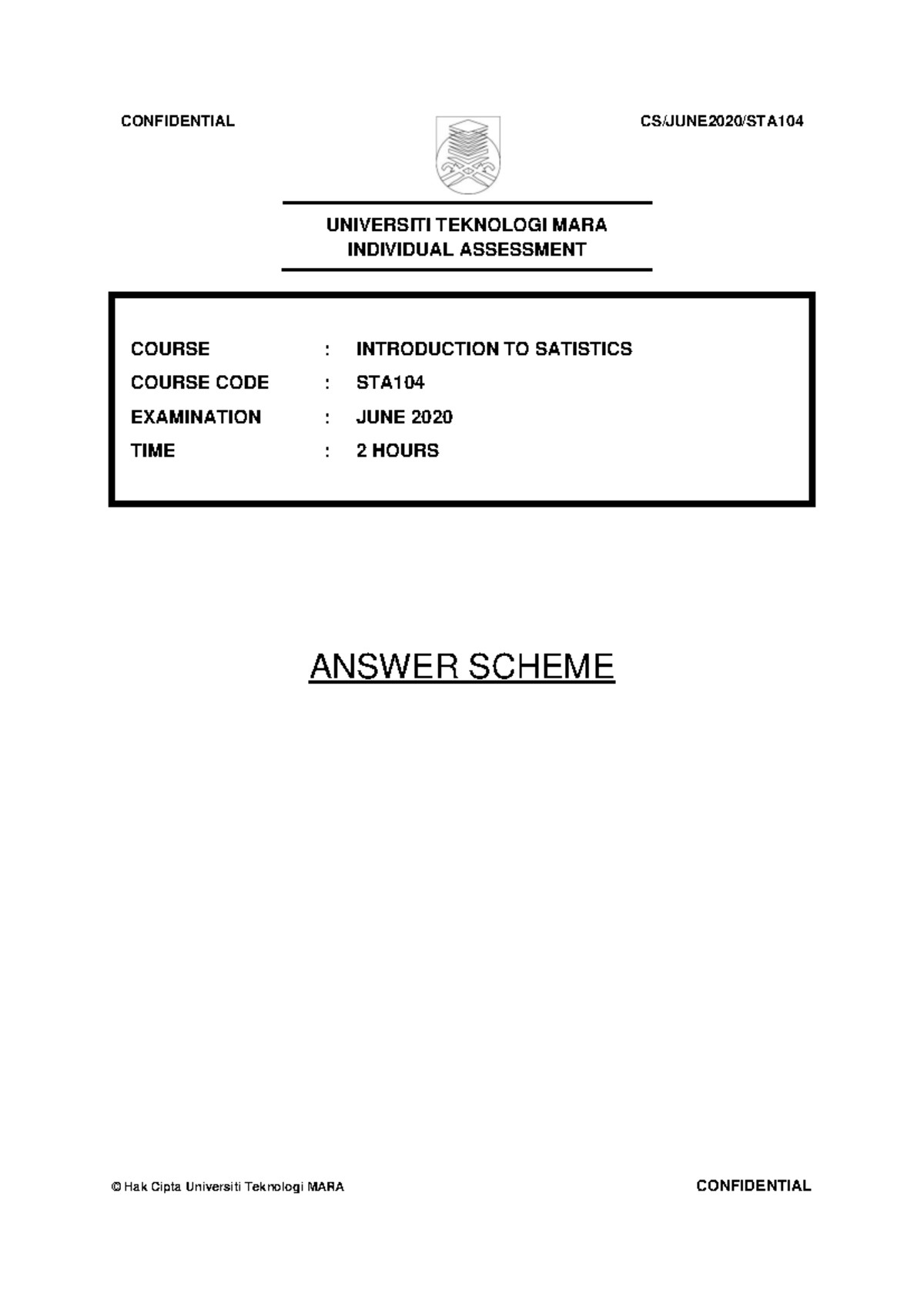 Answer Scheme TEST 2 STA104 ODL March JULY 2020 KJM KJM - UNIVERSITI ...
