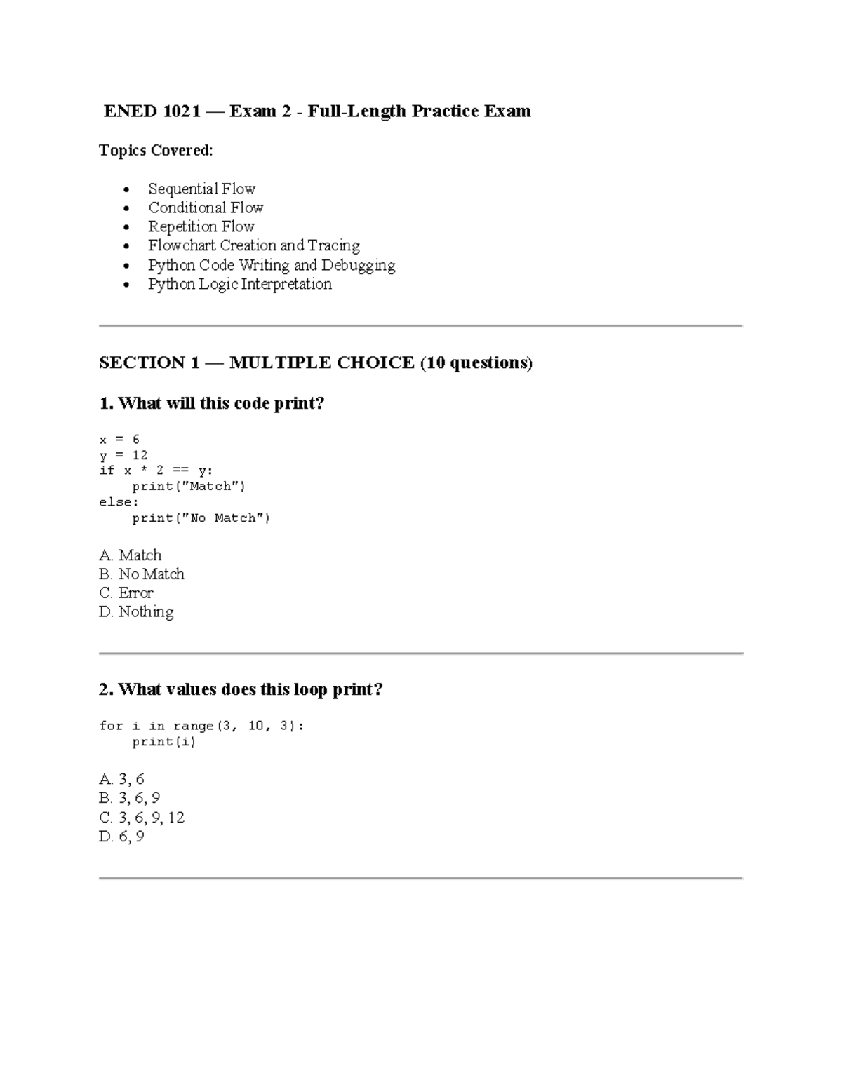 ENED 1021 Python Practice Exam: Topics & Questions Overview - Studocu