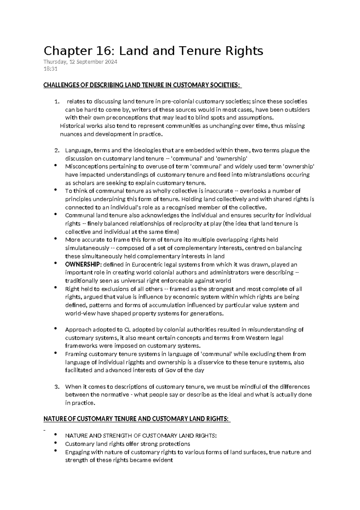 Chapter 16: Customary Land Tenure and Rights Analysis - Studocu