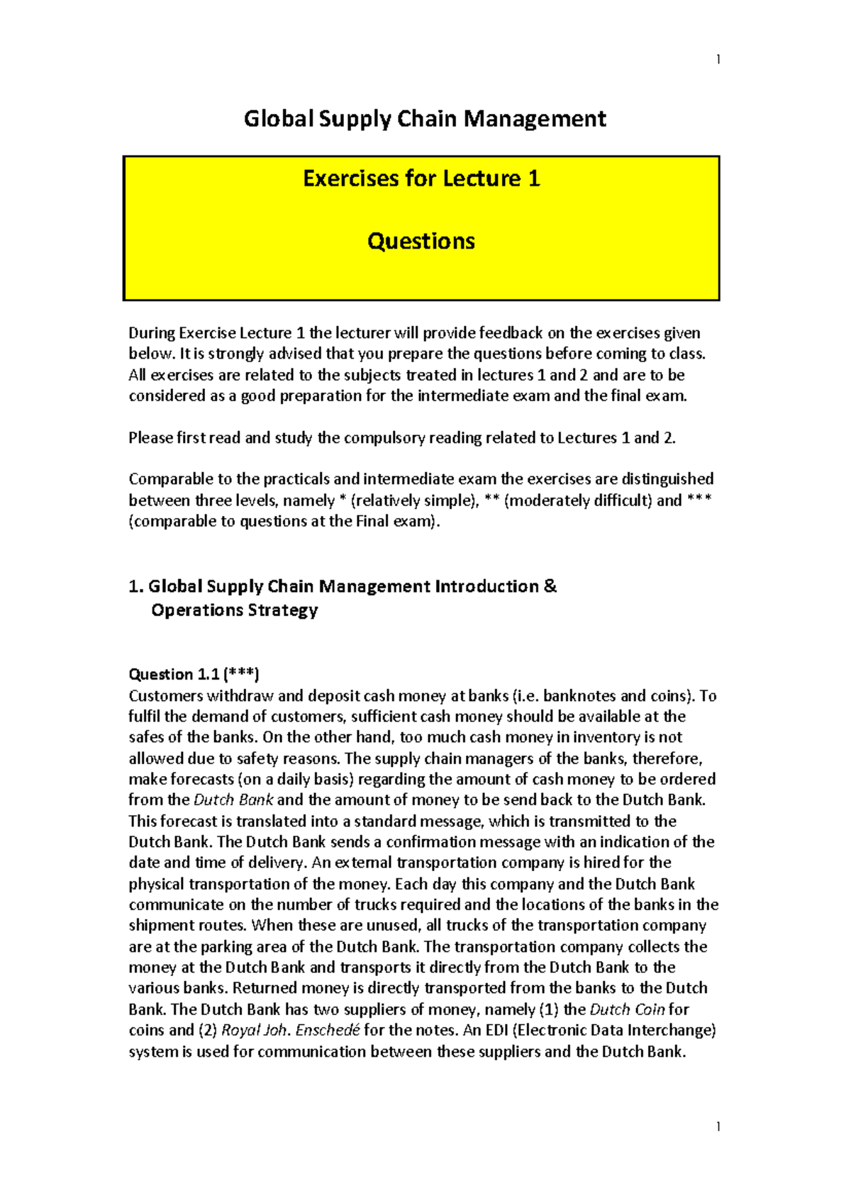 Global Supply Chain Management: Lecture 1 Exercise Questions - Studeersnel