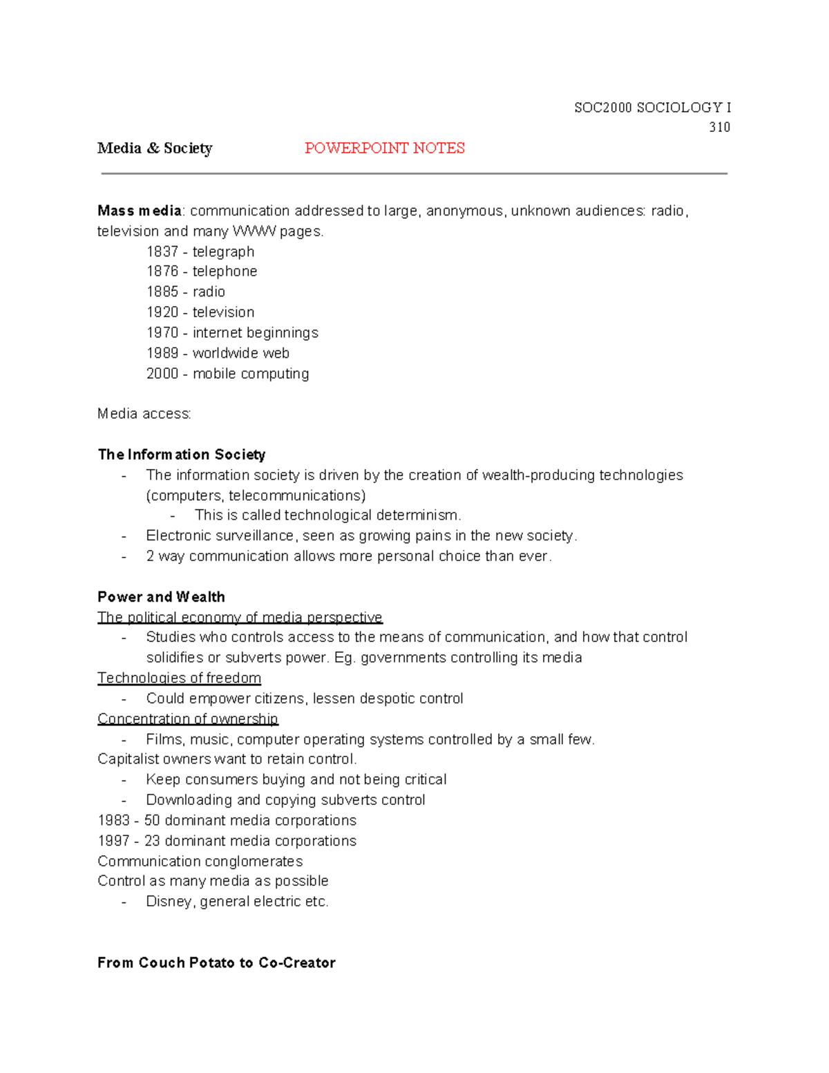 W11 Notes - SOC2000 SOCIOLOGY I 310 Media & Society POWERPOINT NOTES ...