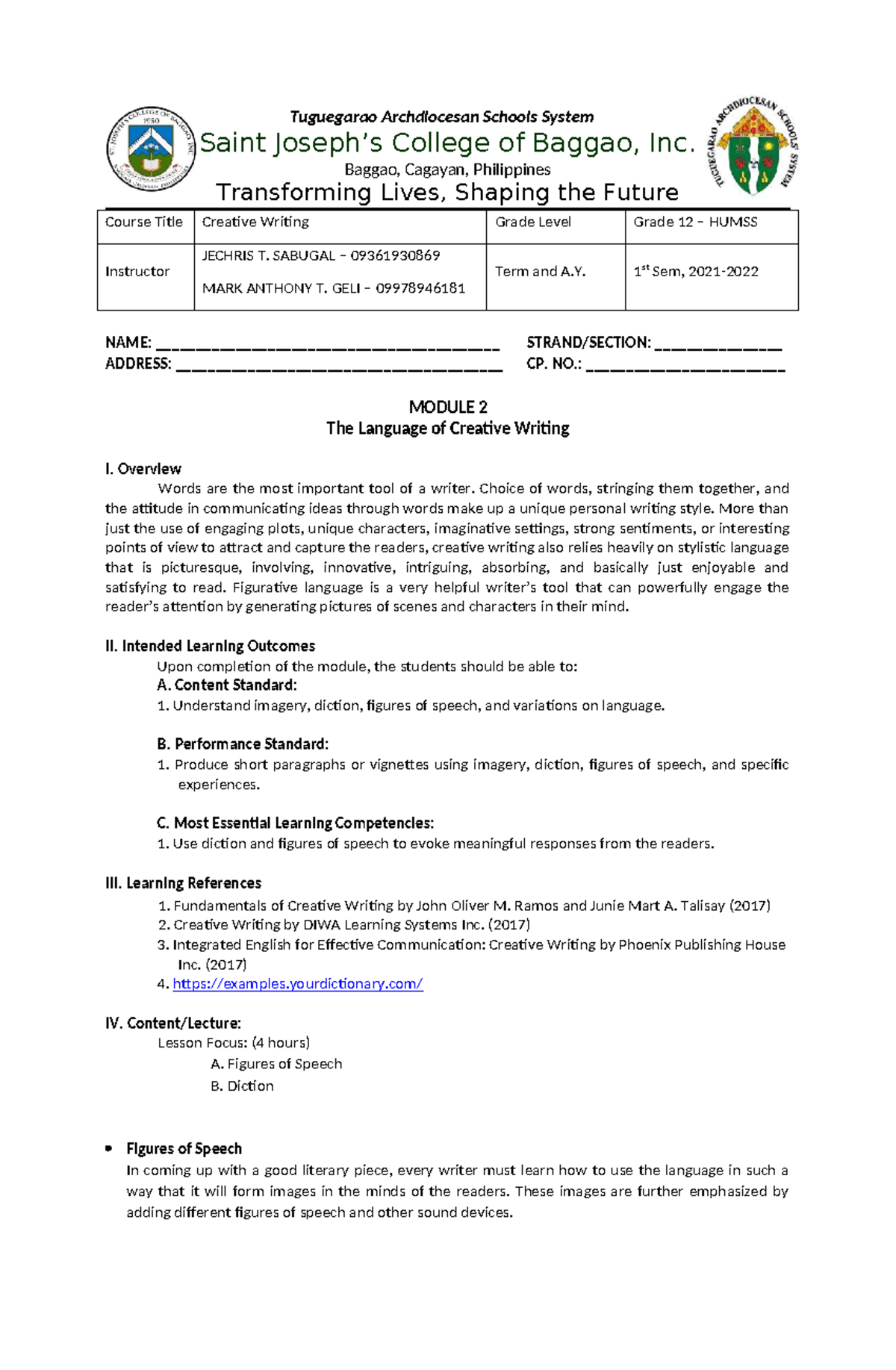 Creative Writing Module 2: The Language of Creative Writing (Grade 12 ...