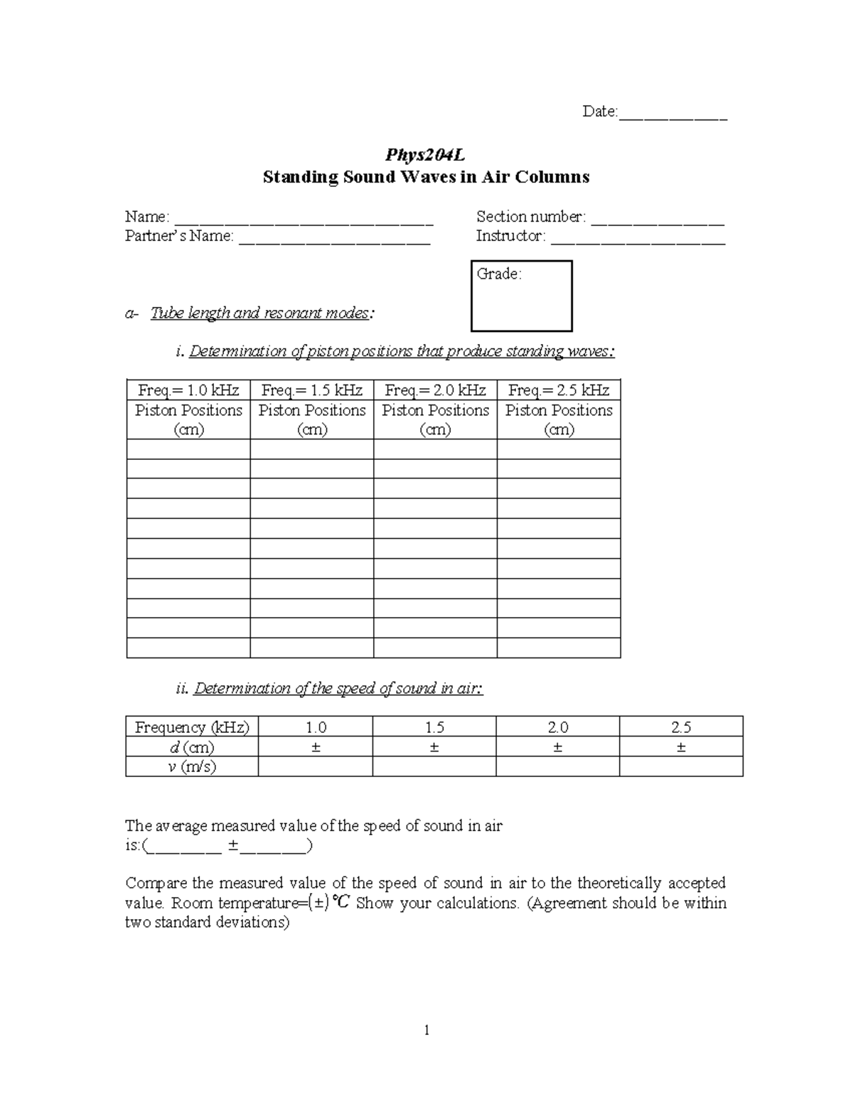 Phys204L Lab: Standing Sound Waves in Air Columns Analysis - Studocu