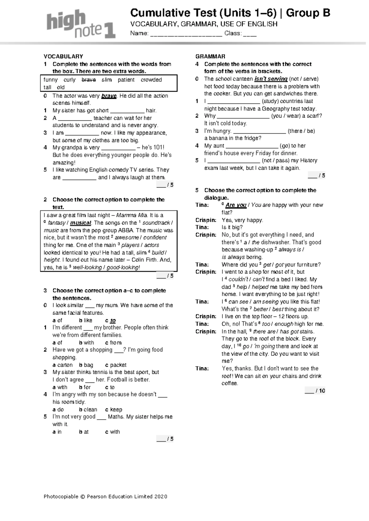 High Note 1 Unit Language Test Unit10 Group A - Unit Test 10 | Group A ...