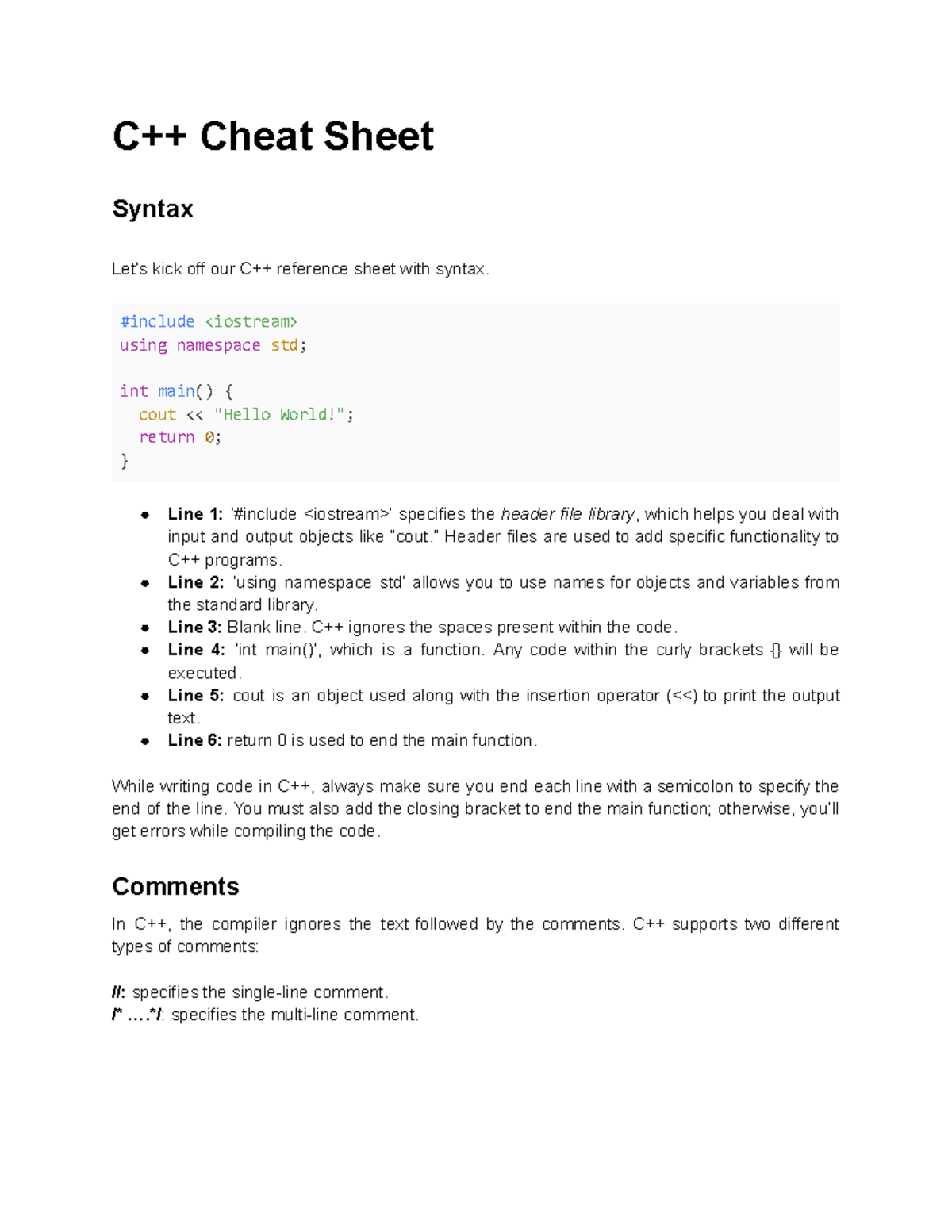 C++ - C++ cheat sheet and summary guide for the course - C++ Cheat ...