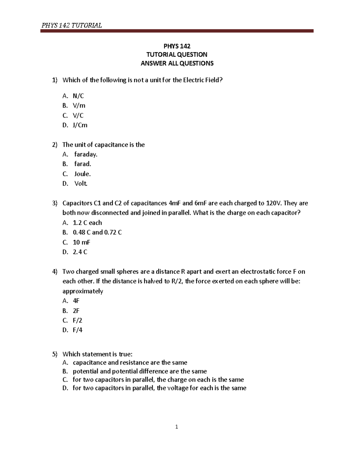 PHYS 142 Tutorial 2023 - Electric Fields, Capacitors, and Waves Review ...