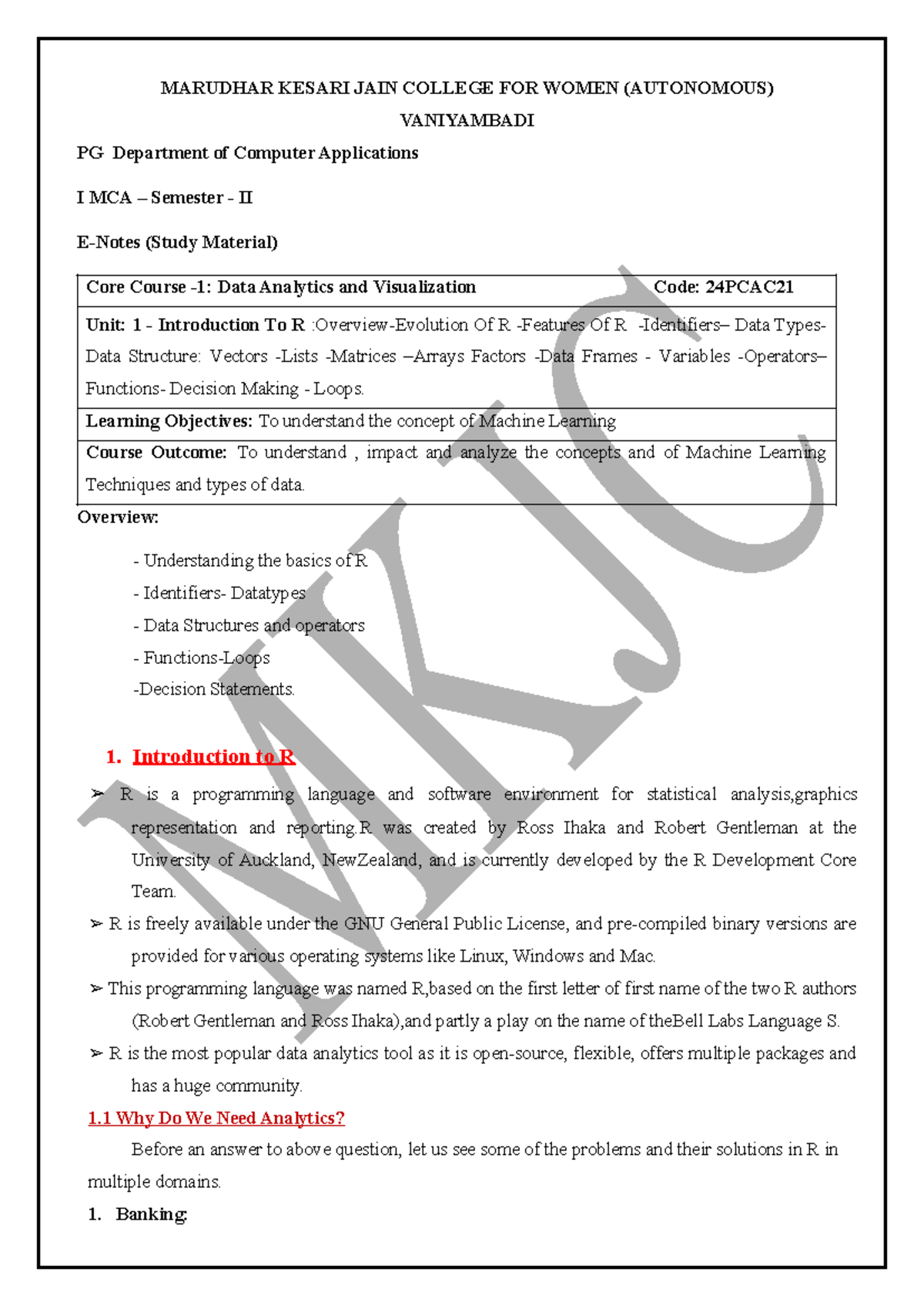 R Programming E-Notes: Data Analytics & Visualization (24PCAC) - Unit 1 ...
