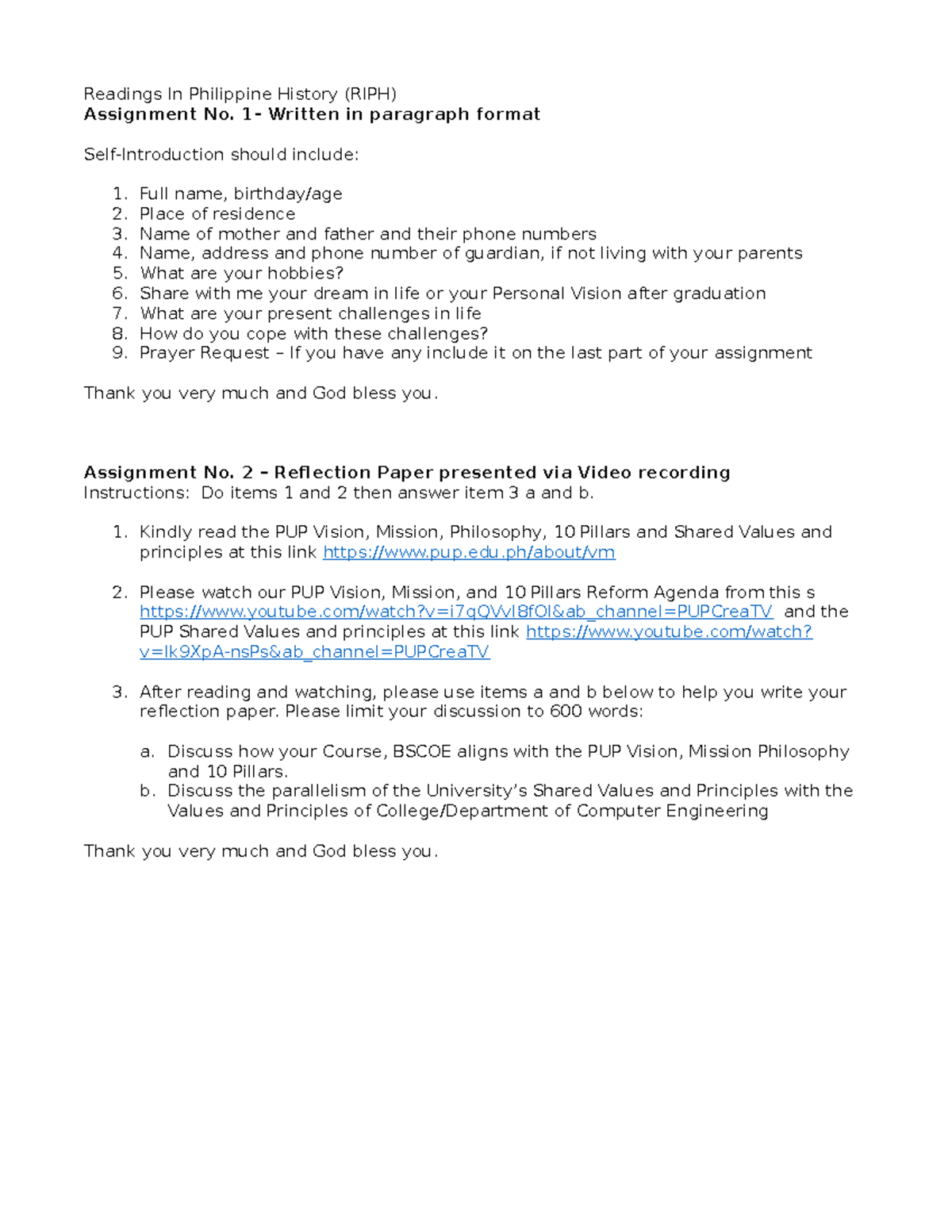 RIPH Assignments 1 & 2: Personal Intro & Reflection on PUP Values - Studocu