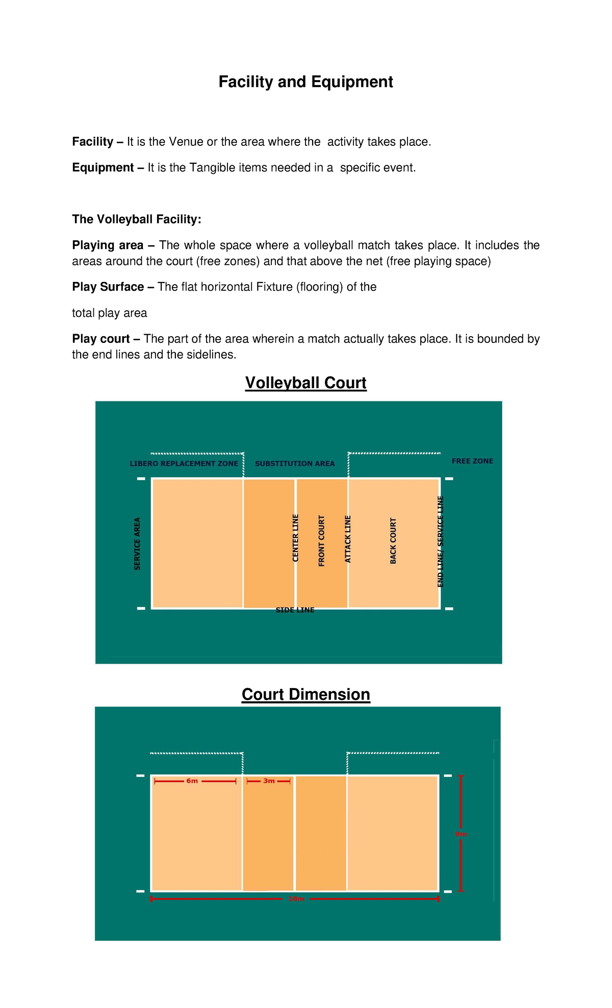 Facility and Equipment Overview for Volleyball (Course Code: 2 - Vball ...