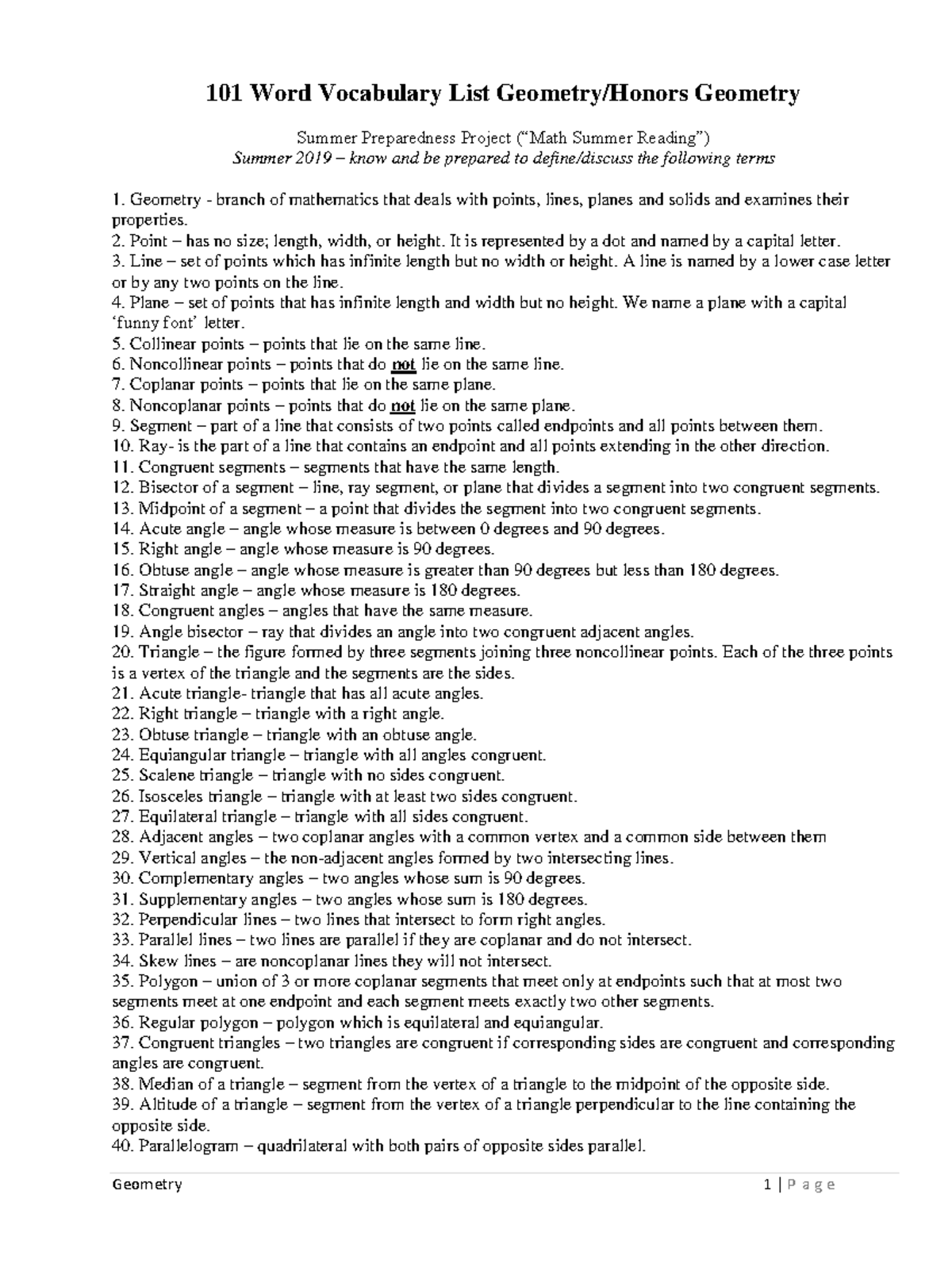 101-Word Geometry Vocabulary List for Honors Geometry - Studocu